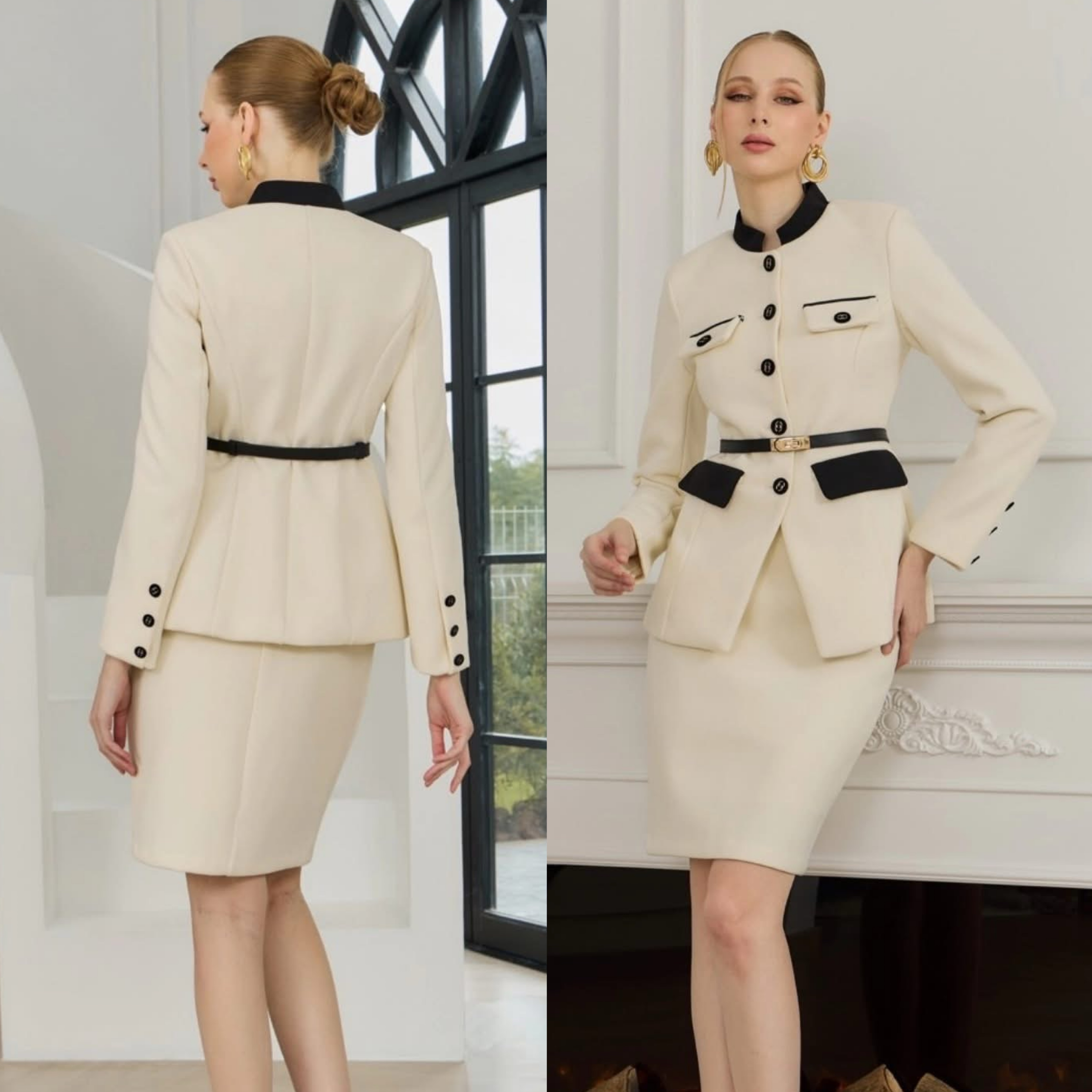 Set tweed Blazer+belt+skirt เนื้อผ้าทวีตทอลายสวย ตัวเสื้อเป็นทรงกึ่งเข้ารูป แต่งกระเป๋าด้านหน้า 4 จุด ตัดขอบกระเป๋าด้วยผ้าเครปกึ่งเงาโทนสีดำ แต่งกระดุมดำแต่งสีทอง+เข็มขัดหนังหัวทอง ใส่สบาย งานคุณภาพ (พร้อมส่ง)