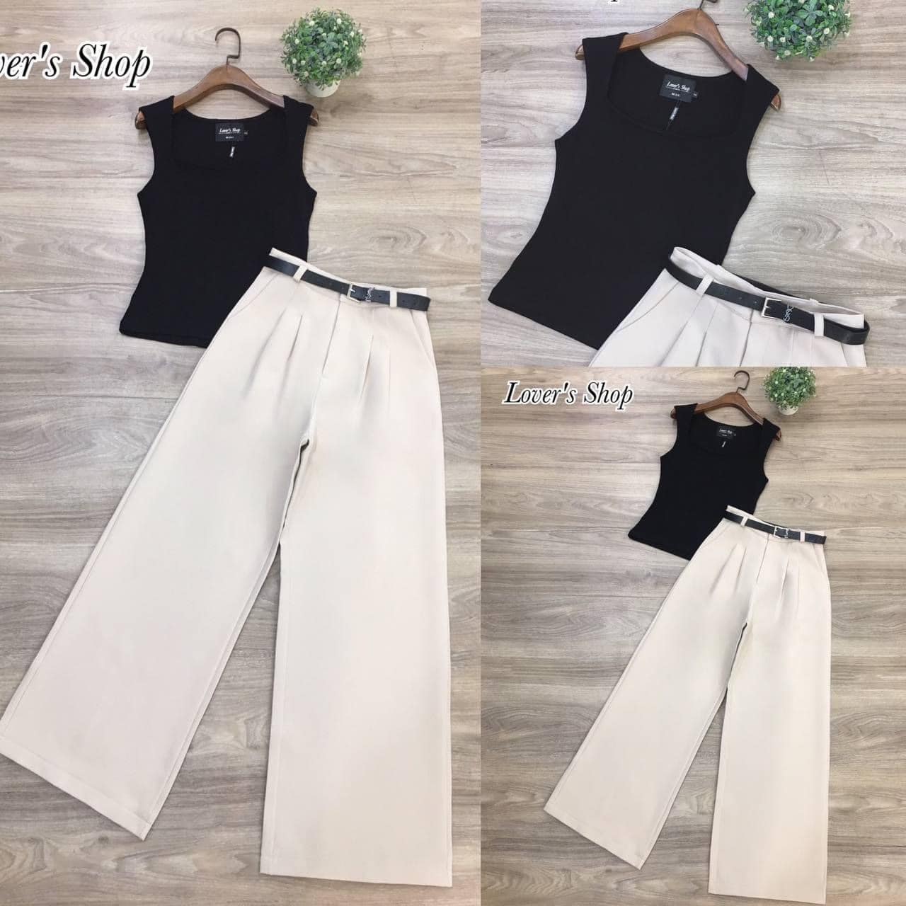 Set.3ชิ้น เสื้อยืดแขนสั้น +กางเกงเอวสูง ทรงขากระบอก +เข็มขัดหนัง ใส่สบาย สินค้าคุณภาพ (พร้อมส่ง)