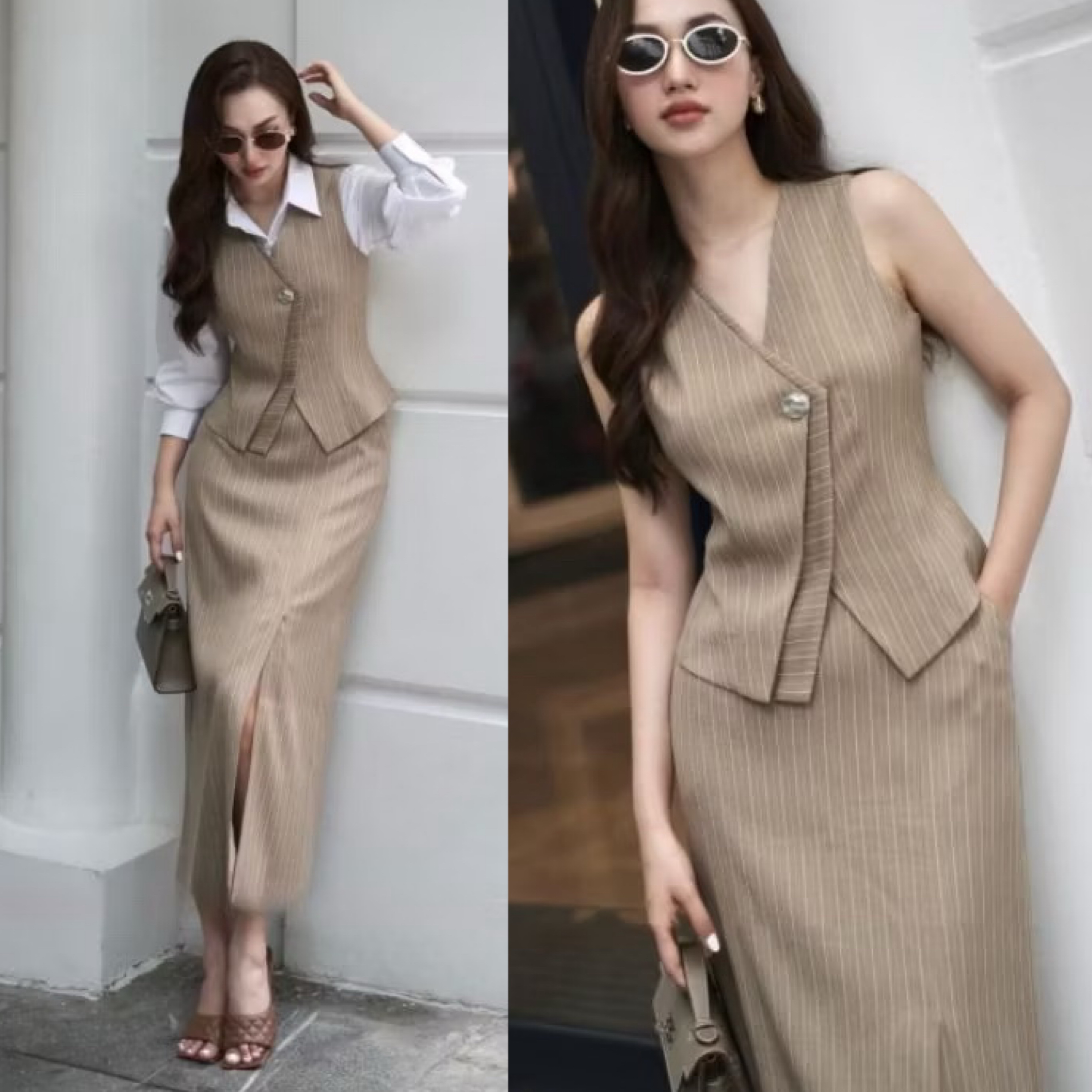 Set 3ชิ้ เสื้อกั๊กคอวีแขนกุดดีไซน์เฉียงเย็บ2ชั้นแต่งกระดุมหน้าใช้งานได้จริง ด้านหลังแต่งเข็มขัดปรับเข้ารูปให้ทรง มาคู่กับเสื้อเชิ้ตตัวในสีขาวมีกระดุมหน้า ดีไซน์เก๋ มาพร้อมกับกระโปรงยาวทรงตรงทรงสอบ ใส่สบาย : สินค้าคุณภาพ (พร้อมส่ง)