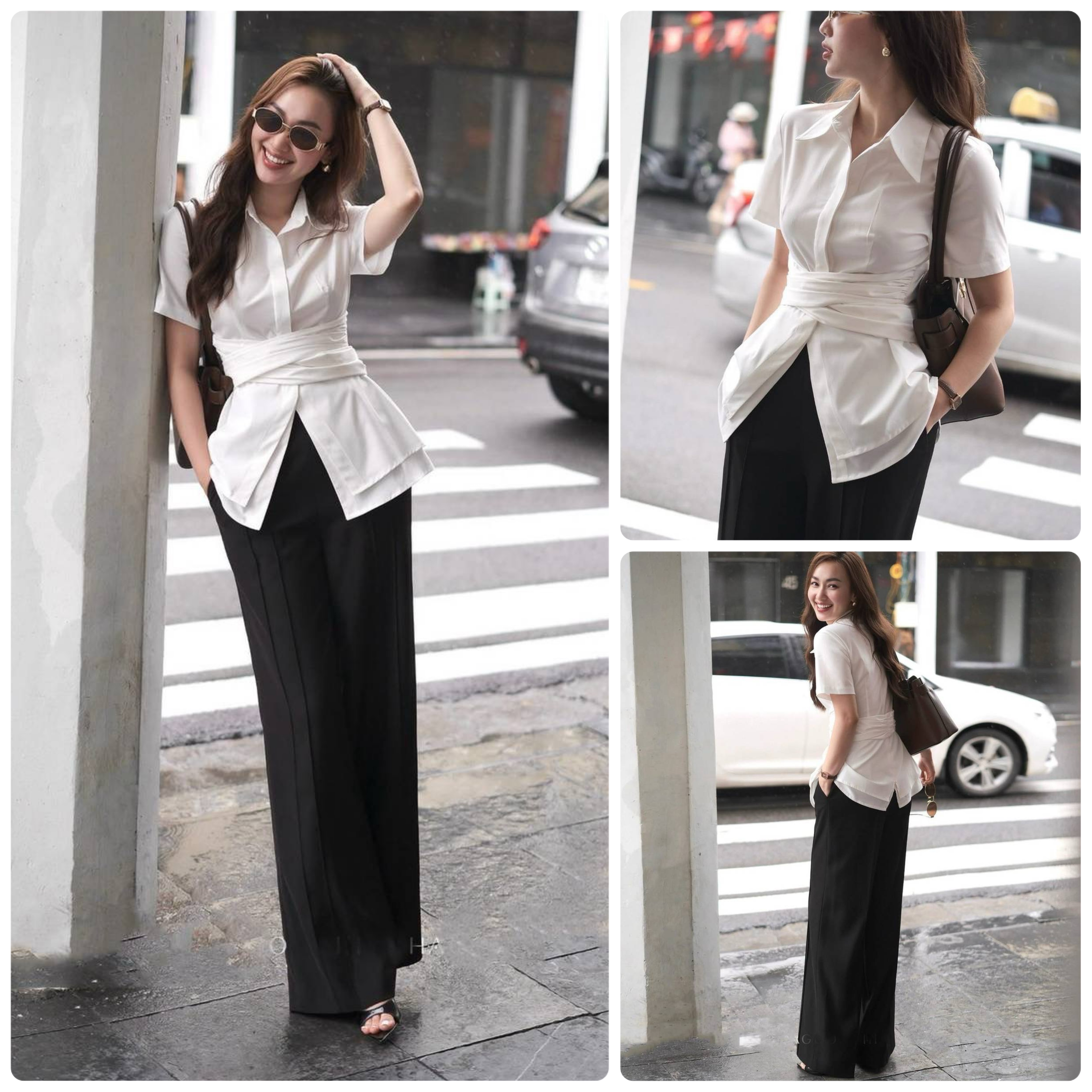 Set 2 ชิ้น เสื้อเชิ้ตขาวแขนสั้นมีกระดุมหน้าดีเทลเย็บติดสายคาดเอวบิดเกี่ยว (มีกระดุมเกี่ยว) ชายเสื้อแต่ง2ชั้นผ่าหน้าเก๋ๆ มาพร้อมแมทซ์กับกางเกงขายาวทรงกระบอก สีดำ ใส่สบาย : สินค้าคุณภาพ (พร้อมส่ง)