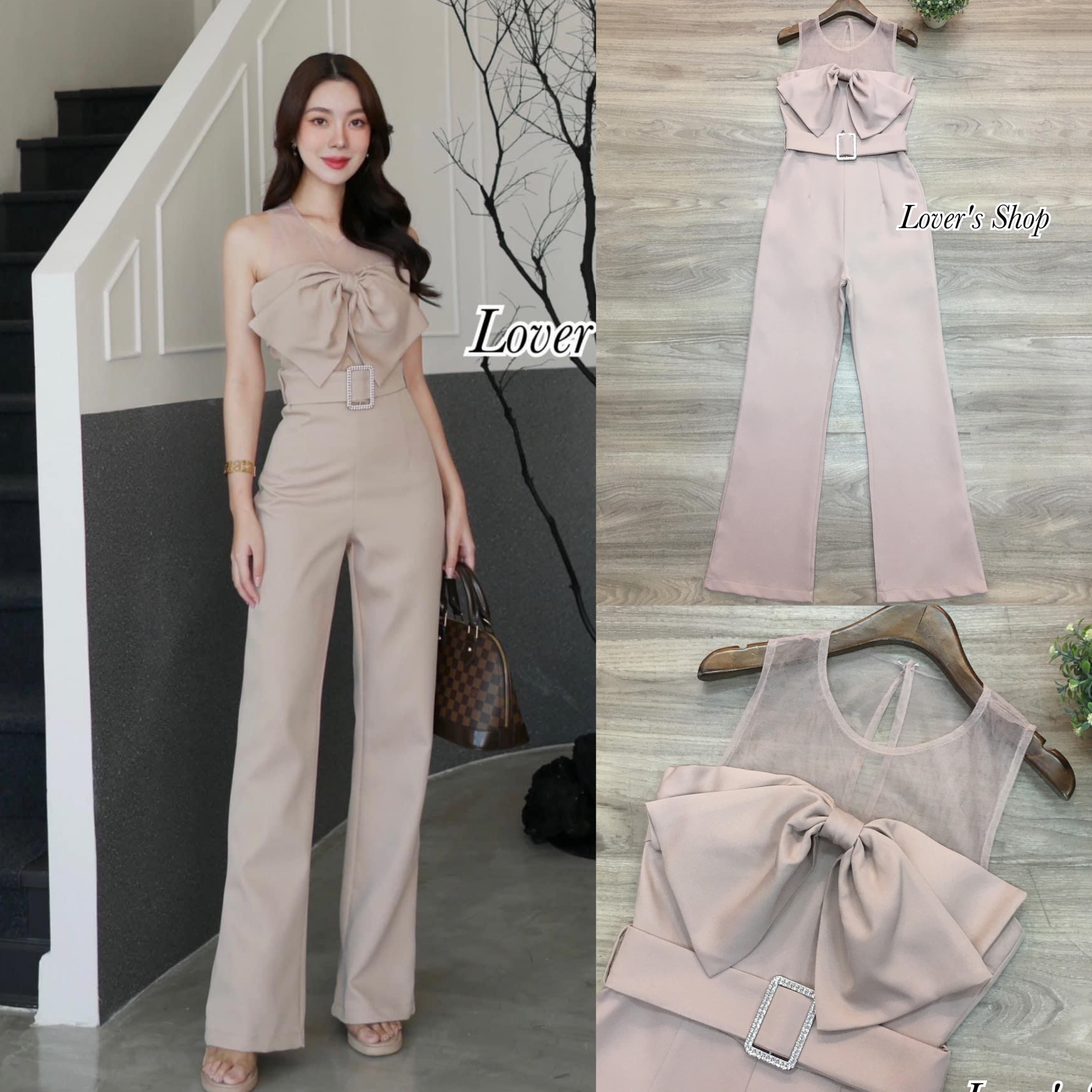 จั้มสูทกางเกงขายาว ไฮโซโบว์ใหญ่ ใส่แล้วเหมือนใส่เกาะอก ช่วงกางเกงอัดผ้ากาวอย่างดี ทรงสวย มีซับในอย่างดี สินค้าคุณภาพ (พร้อมส่ง)