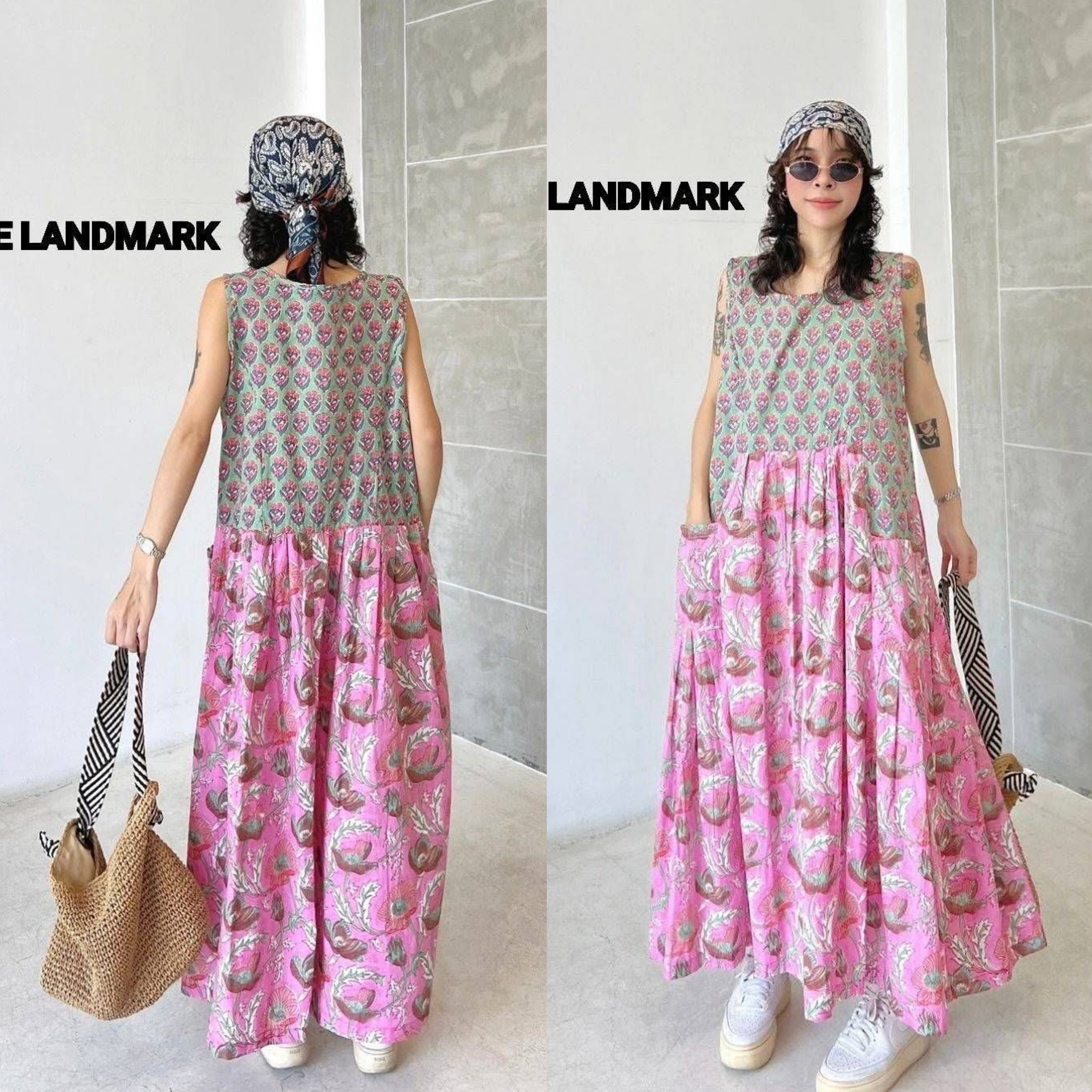 เดรสผ้าบล็อคคอทตอลอินเดีย ดีไซน์แขนกุดต่อลาย+ระบาย ใส่สบาย : สินค้าคุณภาพ (พร้อมส่ง)