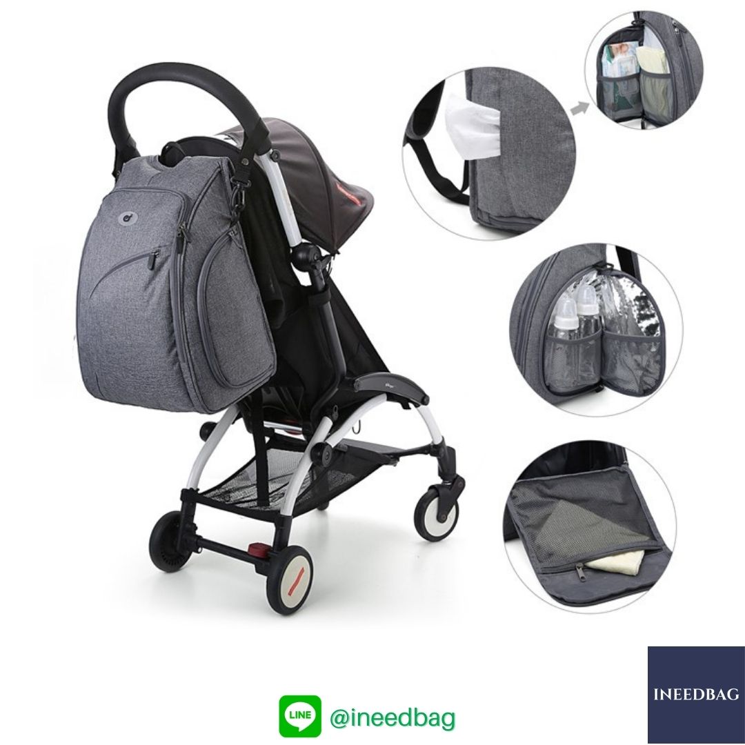 Ecosusi กระเป๋าคุณแม่, กระเป๋าสัมภาระคุณแม่, กระเป๋าแม่ลูกอ่อน แบบเป้ มาพร้อมแผ่นรองเปลี่ยนผ้าอ้อม, ช่องเก็บความร้อน-เย็น (New Version Grey) + Wet Pocket + Wipe Pocket