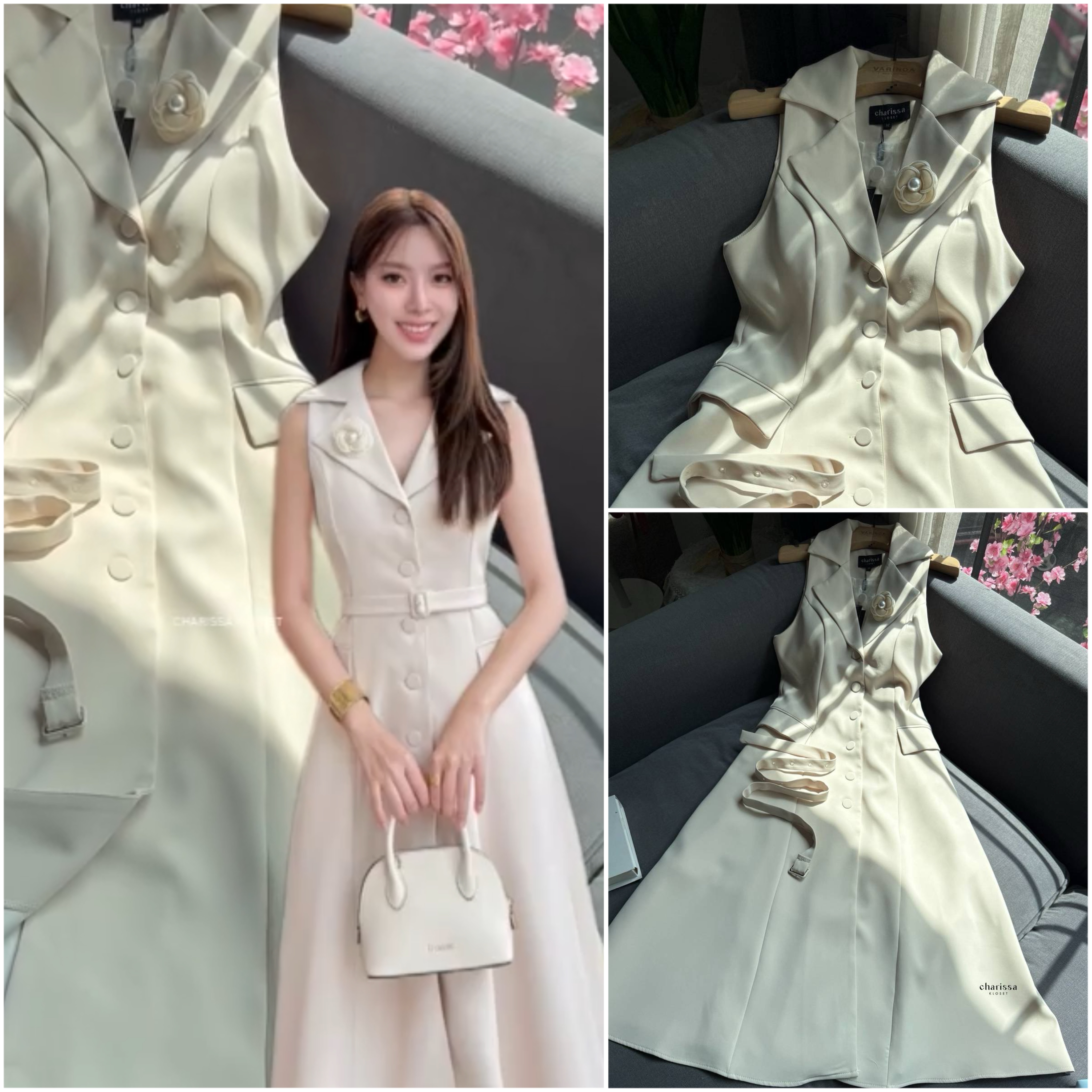 เดรสสูทแขนกุดทรงปกใหญ่ ใส่ออกมาดูผอมเข้ารูปมาก กระดุมจริงด้านหน้า รุ่นนี้น้องมีซับในทั้งชุด แถมฟรีเข็มขัด ใส่สบาย : สินค้าคุณภาพ (พร้อมส่ง)