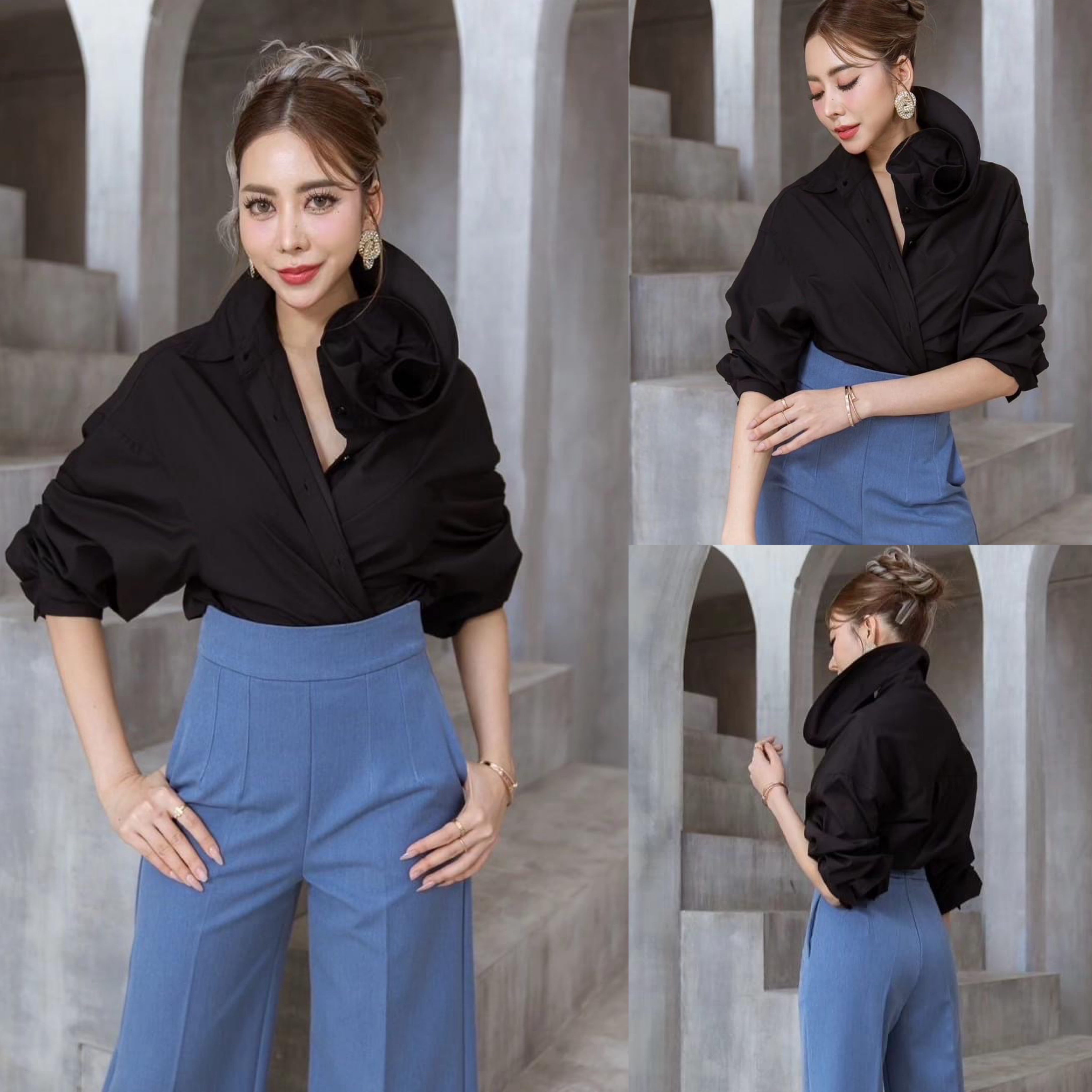 เสื้อเชิ้ตปกคอดอกไม้ ตัวเสื้อเป็นทรงปล่อยๆเท่ห์ๆ คอปกดีไซน์ให้เป็นดอกกุหลาบ ตะเข็บด้านในตัวเสื้อเย็บเก็บขอบอย่างละเอียด เนื้อผ้าเกรดเอ ใส่สบาย : สินค้าคุณภาพ (พร้อมส่ง)