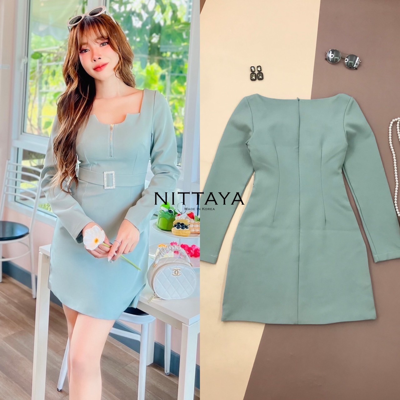 เดรสคอเหลี่ยมแขนยาว ตรงอกซิปรูดได้จริง เข็มขัดเป็นเข็มขัดติดกับชุดเลย เรียบหรู สินค้าคุณภาพ (พร้อมส่ง)