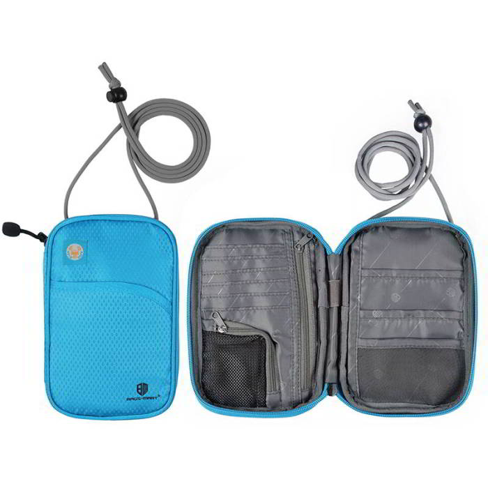 กระเป๋าใส่พาสปอร์ตห้อยคอ คล้องคอได้ กระเป๋าใส่หนังสือเดินทาง ป้องกันการขโมยข้อมูลบัตรเครดิตด้วยคลื่น RFID (Blue)