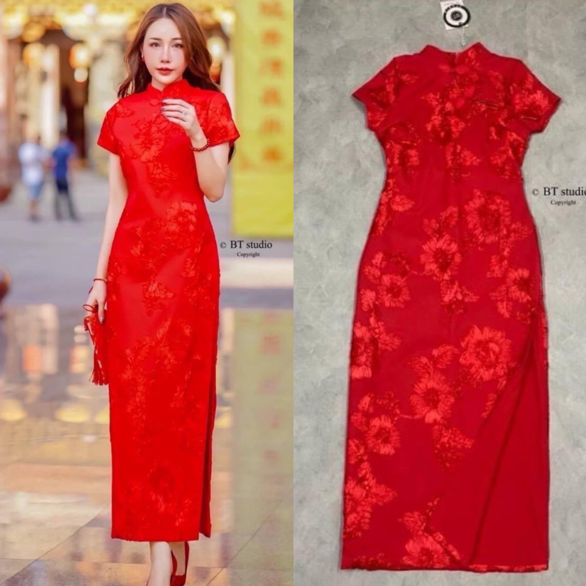 เดรสกี่เพ้าคอจีนแขนสั้น ผ่าด้านข้าง งานปัก แน่น ๆ ทั้งชุด งานสวยมากก ด้านหลังแต่ซีทรูครึ่ง แผ่นหลัง ใส่แล้วเรียบหรู ใส่สบาย สินค้าคุณภาพ (พร้อมส่ง)