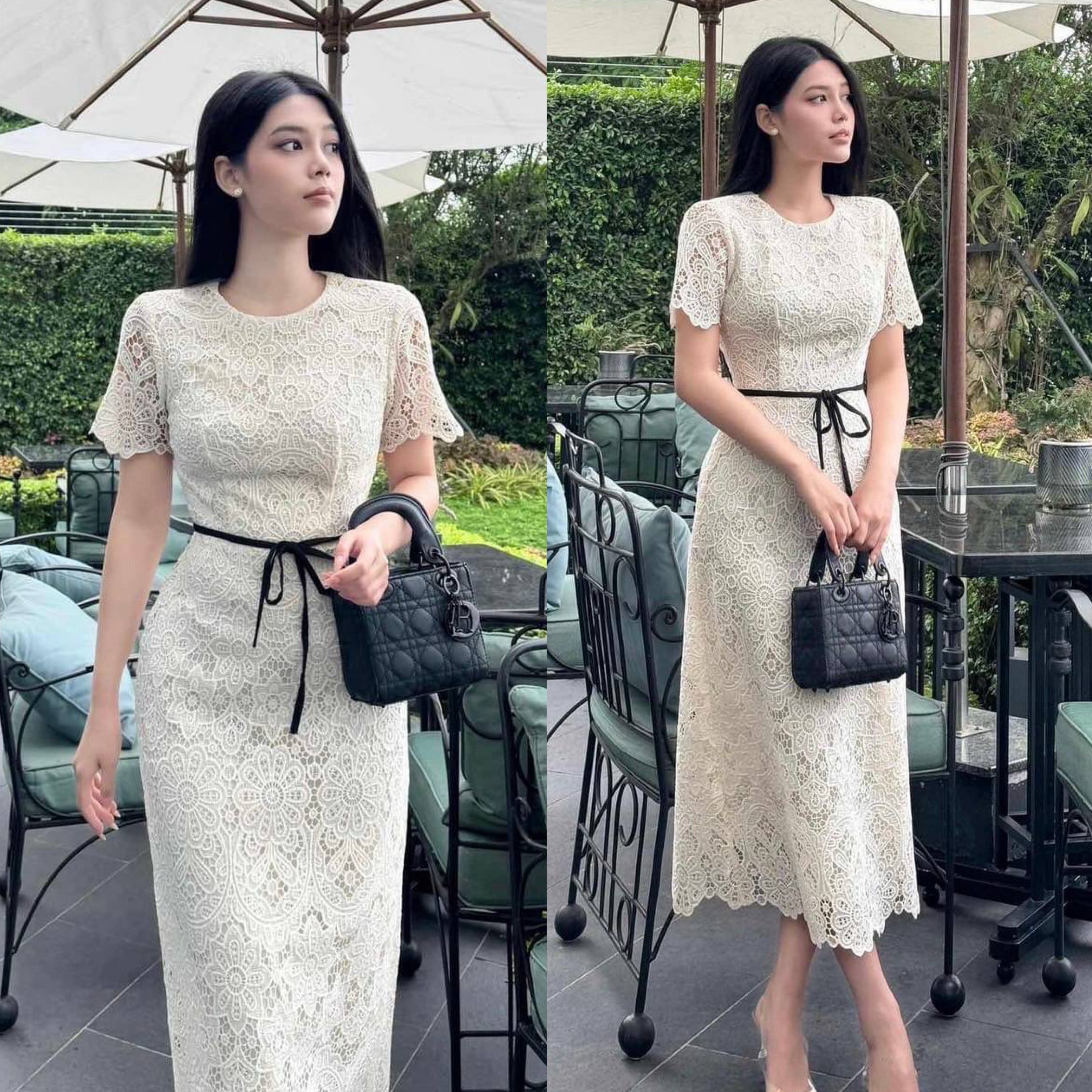 เดรสแขนสั้นลูกไม้ฉลุลายดอกไม้สีครีม ทรงเข้ารูปสวย มาพร้อมสายผูกเอวสีดำเพิ่มมิติให้กับชุด ดีเทลสวย มีซิปหลัง ผ้าลูกไม้ดีมากเย็บซับในอย่างดี แพทเทิร์นเป๊ะทรงสวย ใส่สบาย : สินค้าคุณภาพ (พร้อมส่ง)