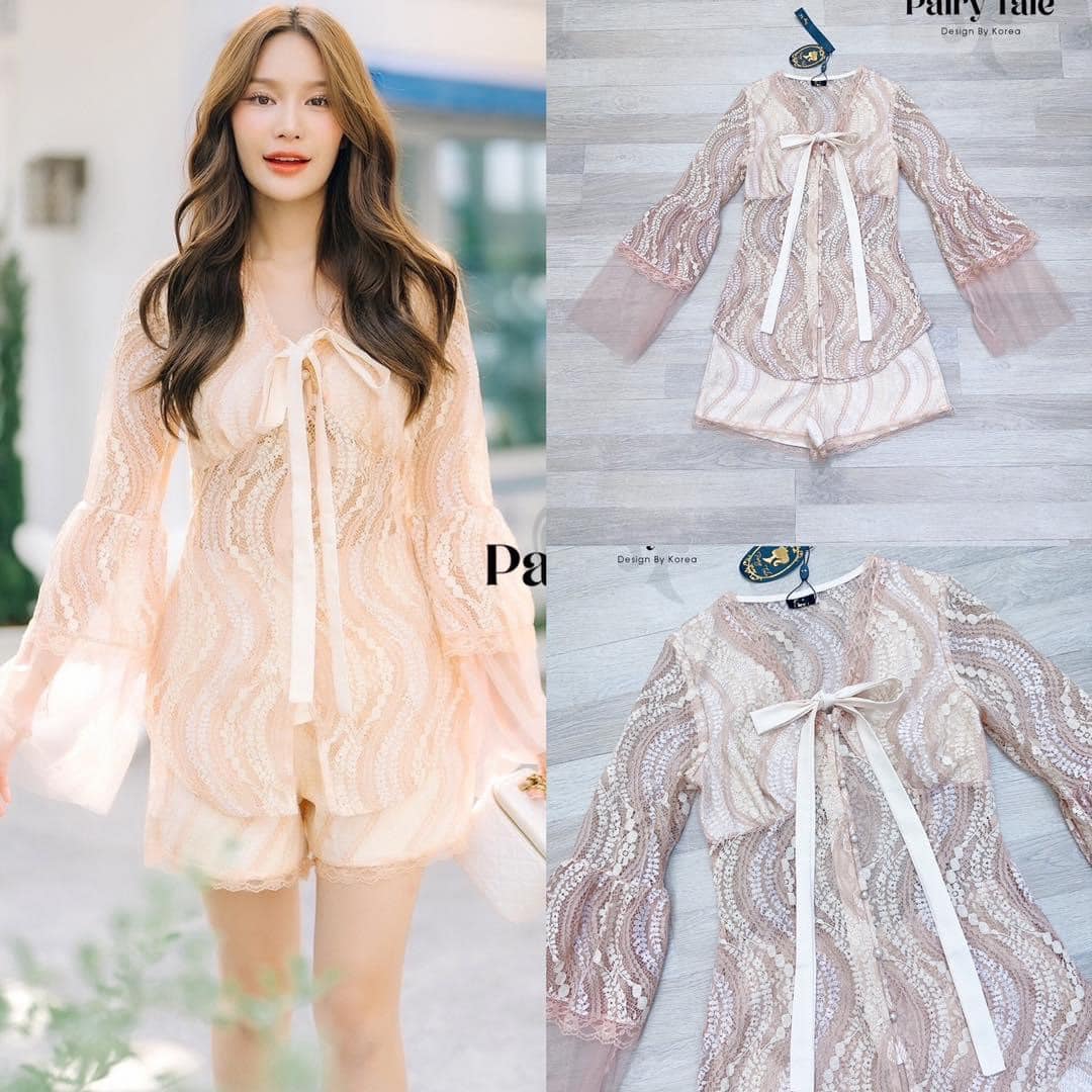 Set เสื้อ+กางเกงขาสั้น ทะเล รอบนี้ใช้ผ้าลูกไม้ทั้งชุด โทนสีส้มครีมสวยมาก สินค้าคุณภาพ (พร้อมส่ง)