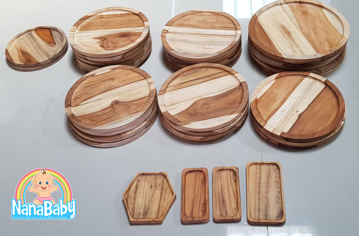 จานไม้กลม จานถาดไม้ จากไม้สักแท้ Food Grade Wood Plate by NanaBaby