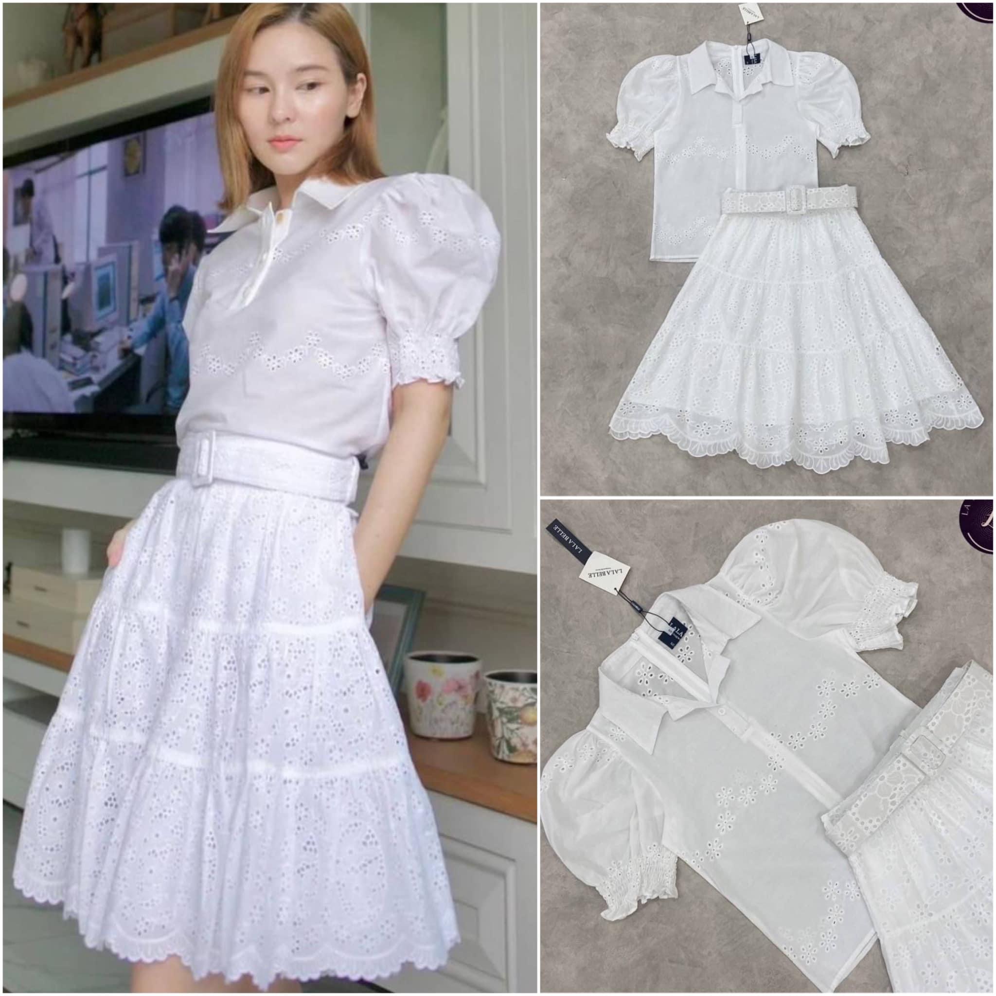 เซต3ชิ้น เสื้อคอปกกระดุมหน้าซิปหลังแขนตุ๊กตา ตัดเย็บด้วยผ้าลูกไม้ปักฉลุใส่คู่กระโปรงผ้าปักฉลุระบาย 3 ชั้น มีเข็มขัดเข้าชุด มีซับในอย่างดี สินค้าคุณภาพ (พร้อมส่ง)