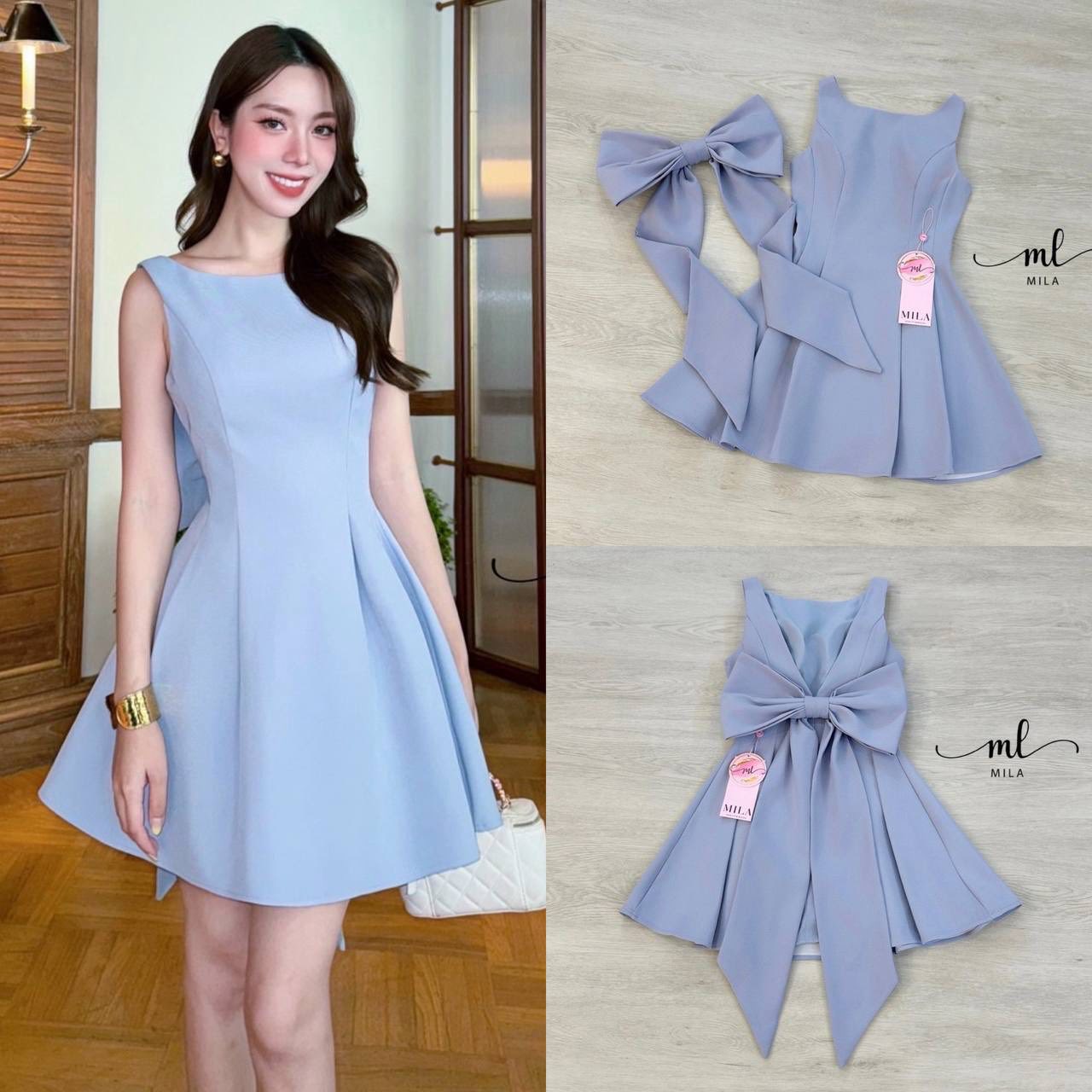 เดรสสั้นสีฟ้าเรียบหรู ลุคคุณหนูสวยคลีน 🕊️ ดีไซน์คอกว้าง แขนกุด เผยไหล่สวยอย่างมีคลาส พร้อมดีเทลเว้าหลังเบาๆ และมีเข็มกลัดโบว์ให้1ชิ้น ใส่สบาย : สินค้าคุณภาพ (พร้อมส่ง)