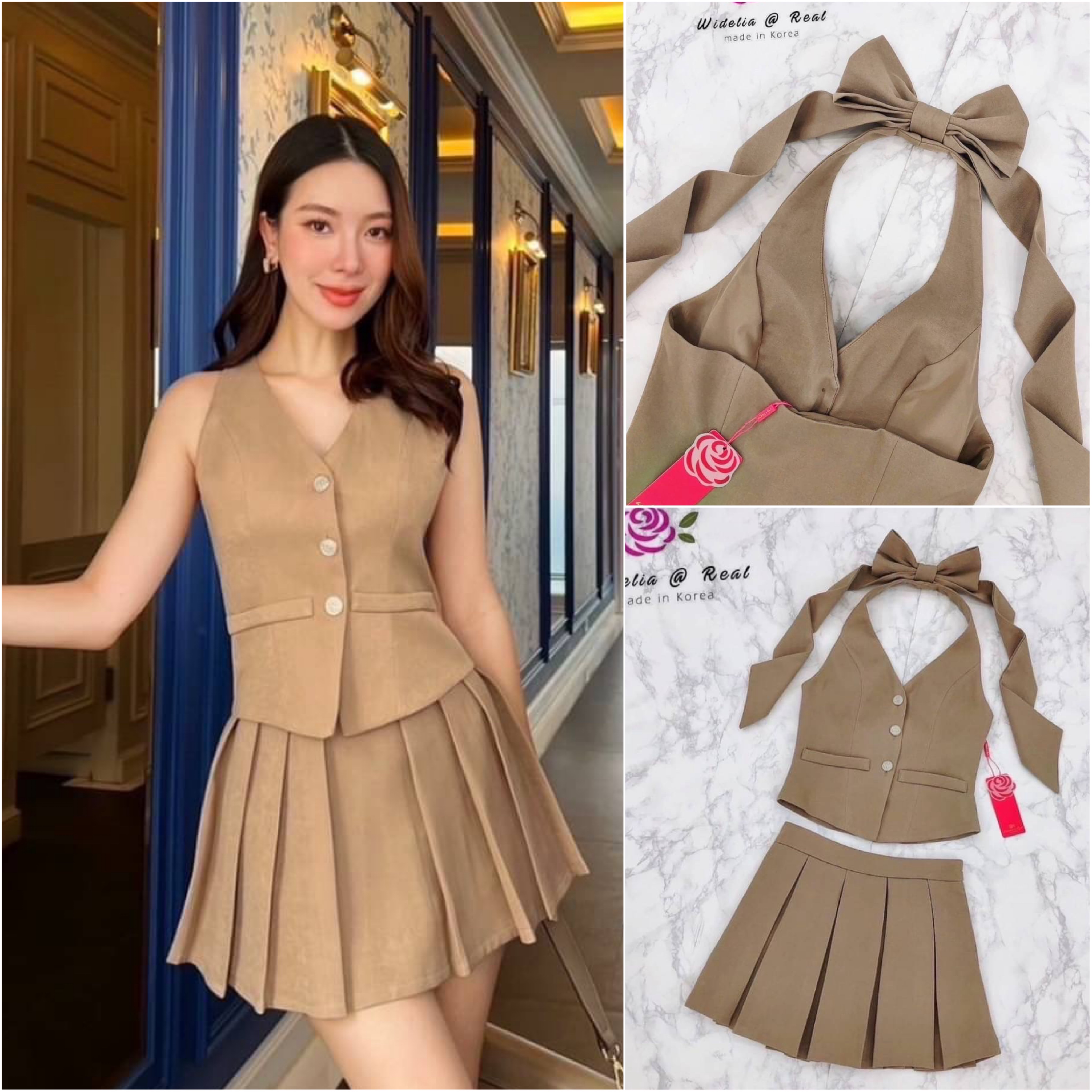 Set :: เสื้อคล้องคอตัวสวยทรงดี แต่ง โบเก๋ อกเสริมฟองน้ำเป็นทรงด้านหน้าแต่งกระดุม เรียงเป็นแนว คัตติ้งสวยเนี๊ยบตัวเสื้อเข้ารูปสวย มาเข้าชุดพร้อมกับกระโปรงสั้นตัวสวย : สินค้าคุณภาพ (พร้อมส่ง)