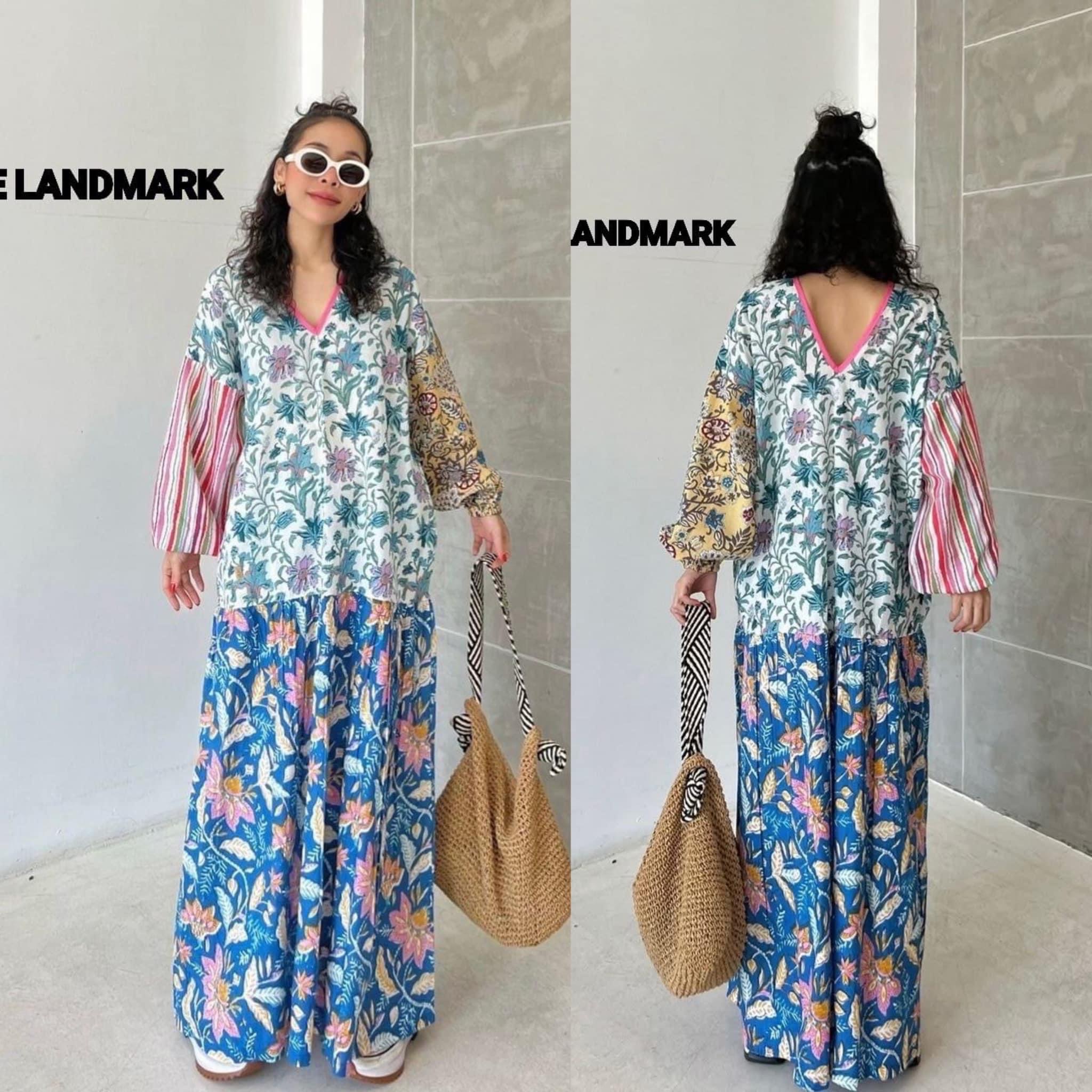 เดรสผ้าบล็อคคอทตอลอินเดีย ดีไซน์คอวีหน้า~หลัง กุ๊นคอ แขนยาวสม็อคปลายแขน ต่อลาย แพทเทิร์นทรงปล่อย ใส่สบาย ใส่สบาย : สินค้าคุณภาพ (พร้อมส่ง)