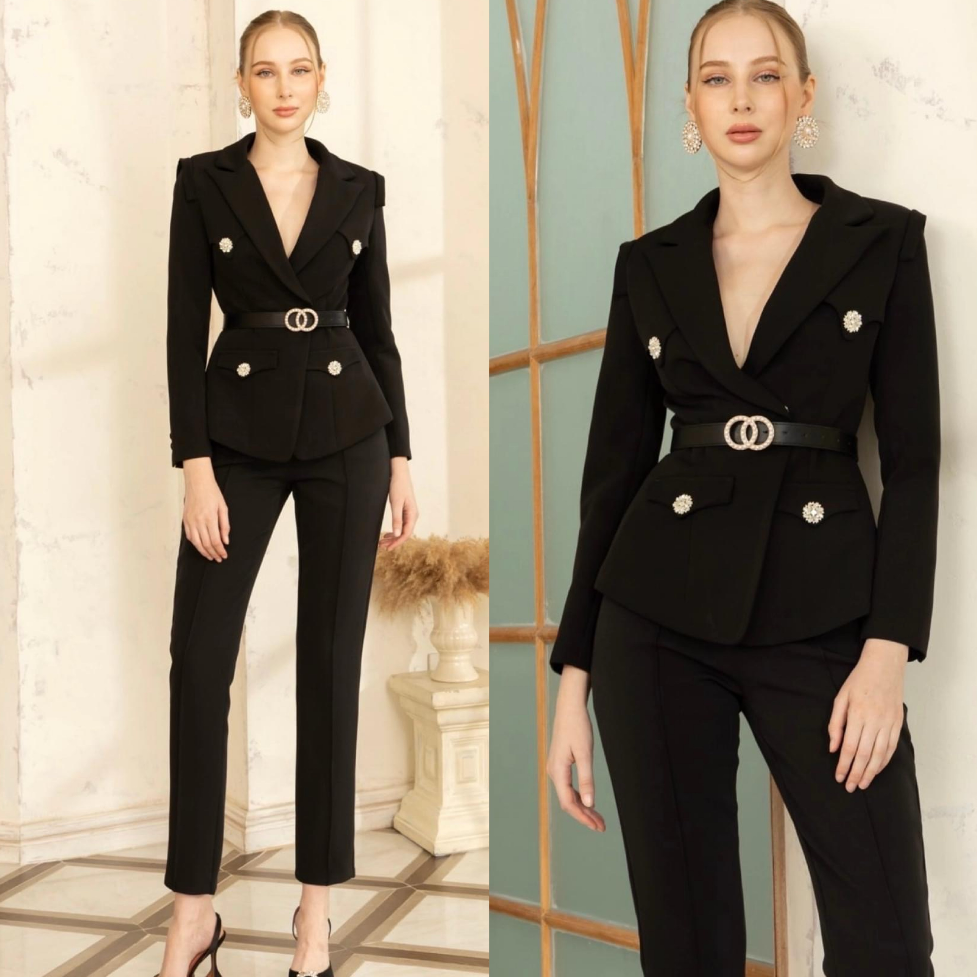 เซต BLAZER กระดุมเพชรเนื้อผ้าเกรดเอ ตัวBLAZER เป็นทรง เข้ารูปแต่งกระดุมแต่งเพชรสีเงิน มีเข็มขัดช่วย ให้ทรงเข้ารูป หัวเข็มขัดแต่งด้วยมุกดูหรูหรา สุดๆ มาคู่กับกางเกงเอวสูงทรงขากระบอกเล็ก ใส่สบาย : สินค้าคุณภาพ (พร้อมส่ง)