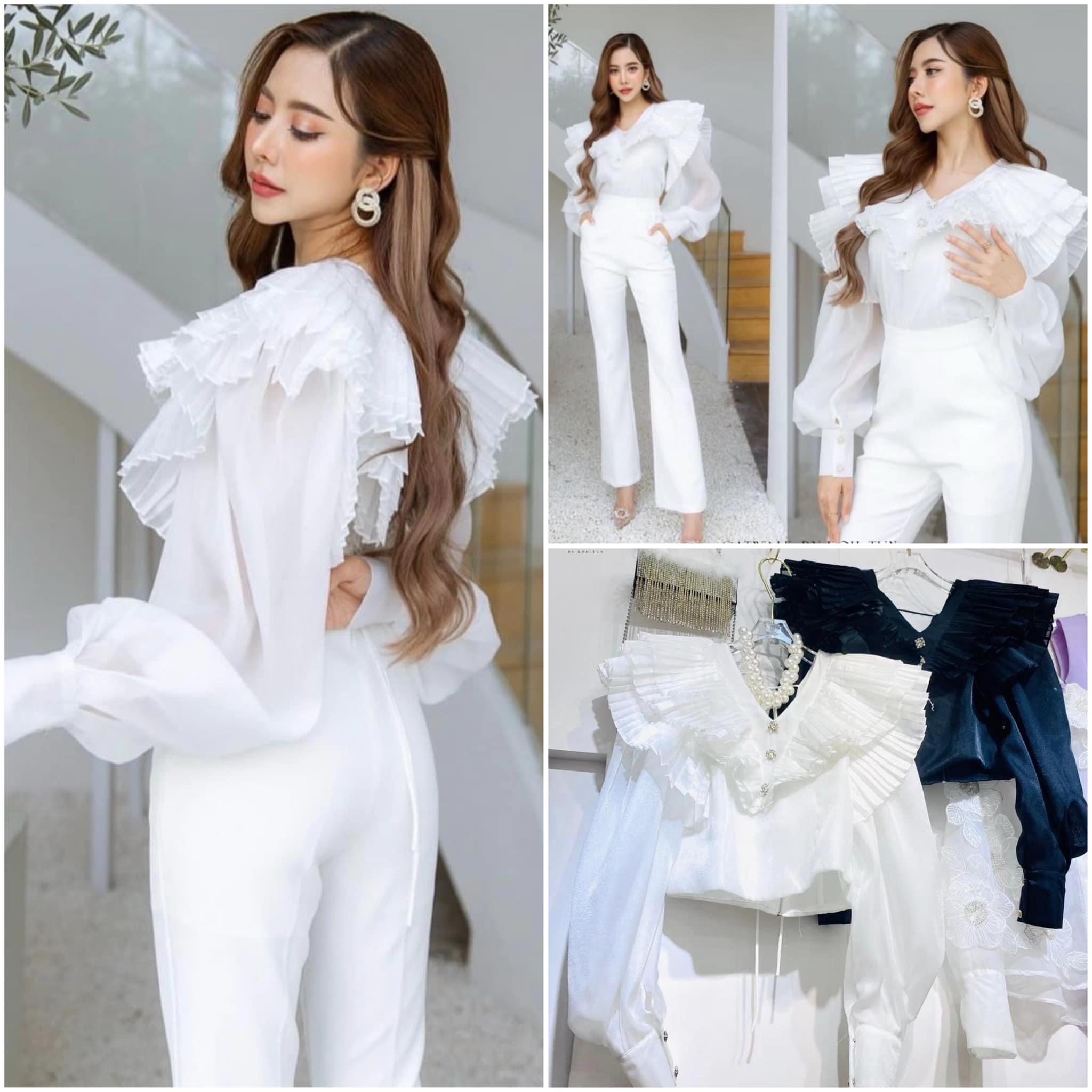 เสื้อครอปแต่งระบายอัดพลีท ผ้าซิลเนื้อดี เนื้อนุ่มใส่สบาย ตัวเสื้อเป็นทรงเข้ารูป คอวีแขนพองยาว ใส่สบาย : สินค้าคุณภาพ (พร้อมส่ง)