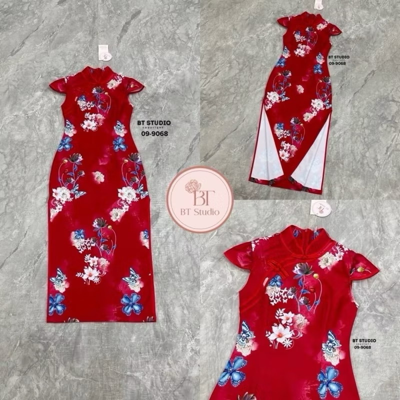 เดรสกี่เพ้า แต่งคอจีน พื้นสีพิมพ์ลายสวยม๊าก ห้ามพลาดเลยคร้าา limited ม๊ากคร้า ใส่สบาย : สินค้าคุณภาพ (พร้อมส่ง)