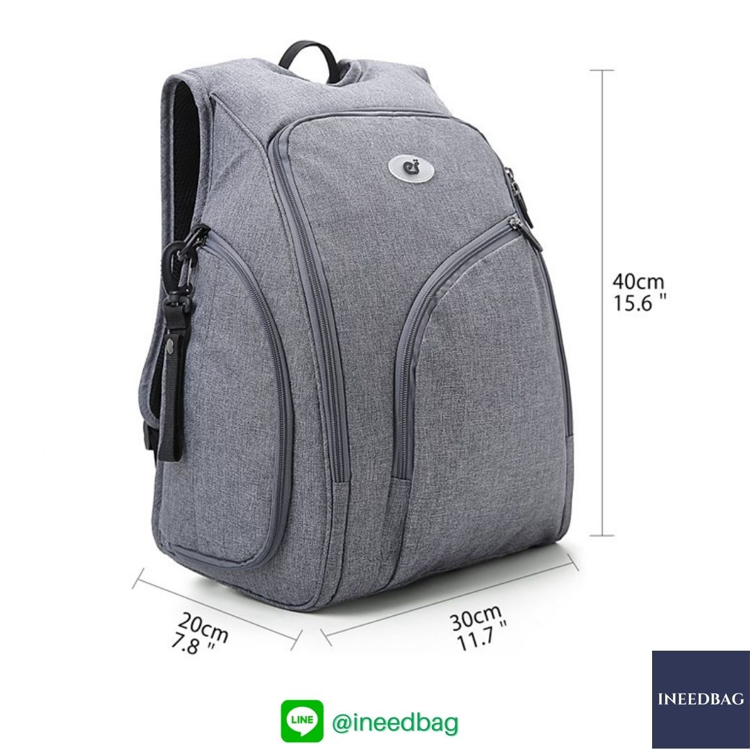Ecosusi กระเป๋าคุณแม่, กระเป๋าสัมภาระคุณแม่, กระเป๋าแม่ลูกอ่อน แบบเป้ มาพร้อมแผ่นรองเปลี่ยนผ้าอ้อม, ช่องเก็บความร้อน-เย็น (New Version Grey) + Wet Pocket + Wipe Pocket