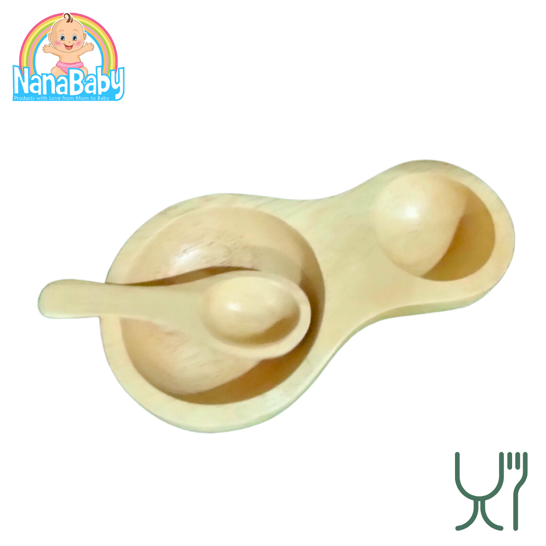 จานไม้กลม จานไม้รูปหมี จานไม้ถาด ถ้วยไม้ จากไม้ยางพาราแท้ Food Grade Japanese Wood Plate by NanaBaby