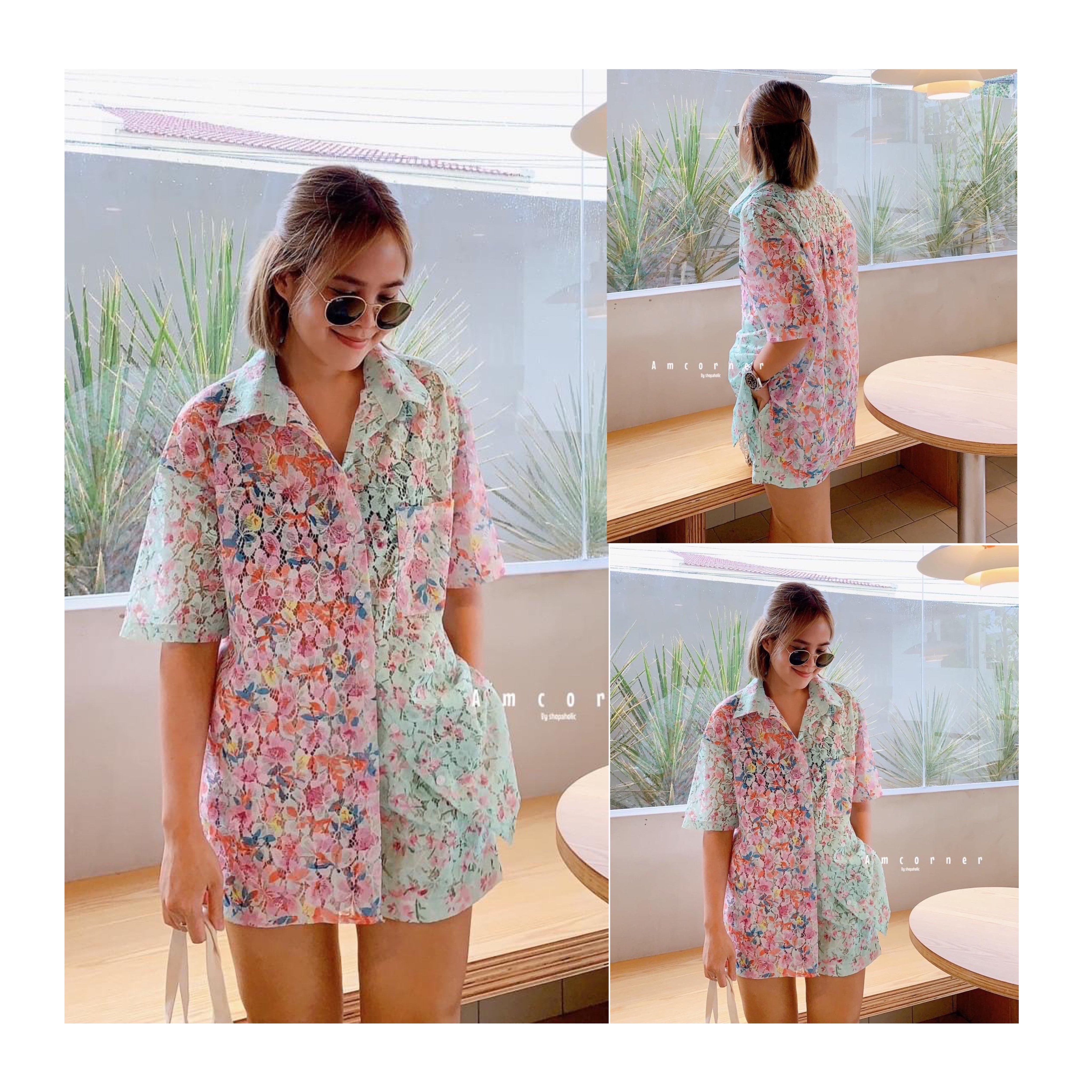 Lace set shirt เสื้อ+กางเกงขาสั้น ผ้าลูกไม้ เนื้อดี เนื้อนิ่ม ใส่สบาย สินค้าคุณภาพ (พร้อมส่ง)
