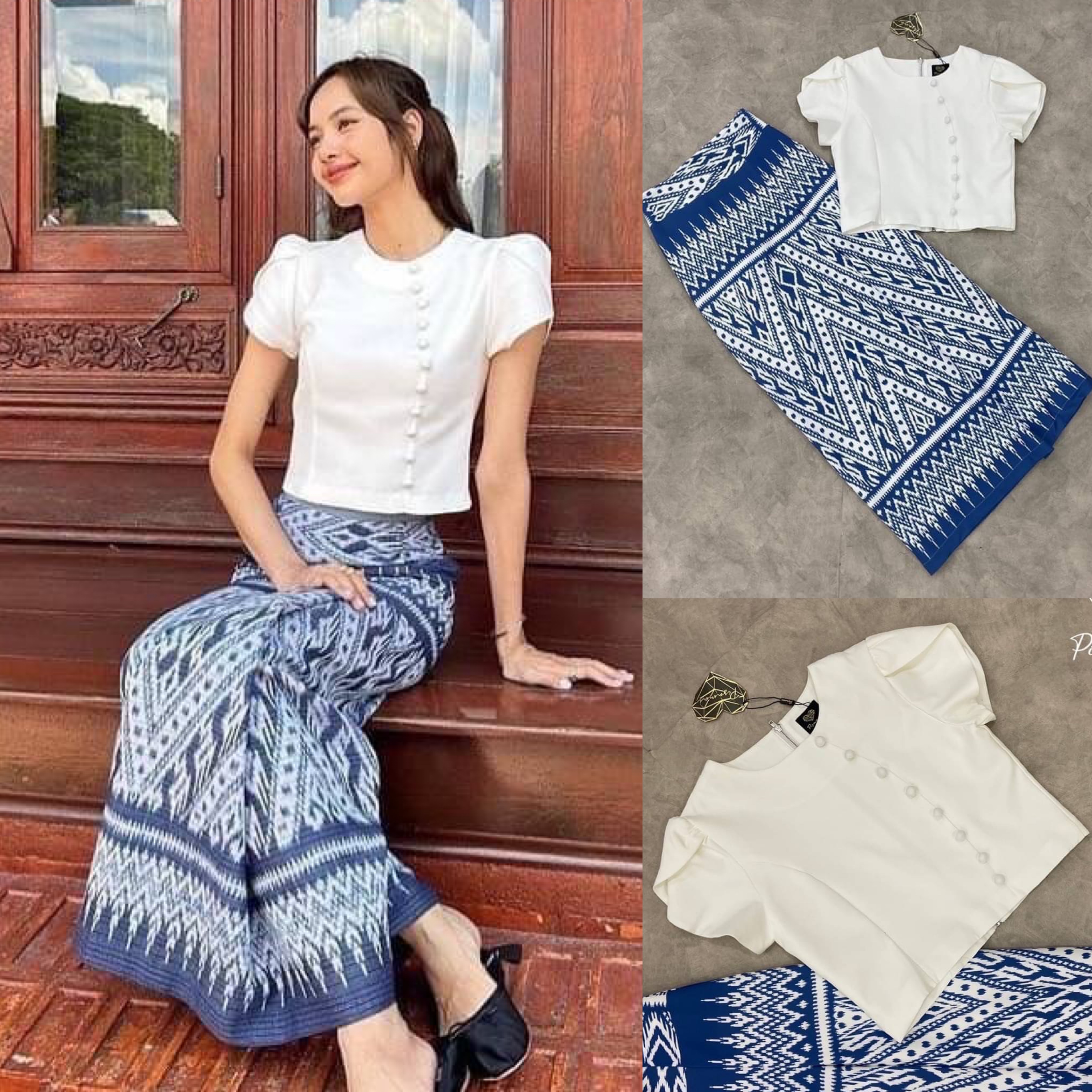 ชุดไทย เซ็ตเสื้อแขนตุ๊กตาแต่งกระดุมเรียงสีขาว มาคู่กับกระโปรงลูกไม้ผ้าถุงตัวยาวสีน้ำเงิน แพทเทิ้นสวยมากค่า สินค้าคุณภาพ (พร้อมส่ง)