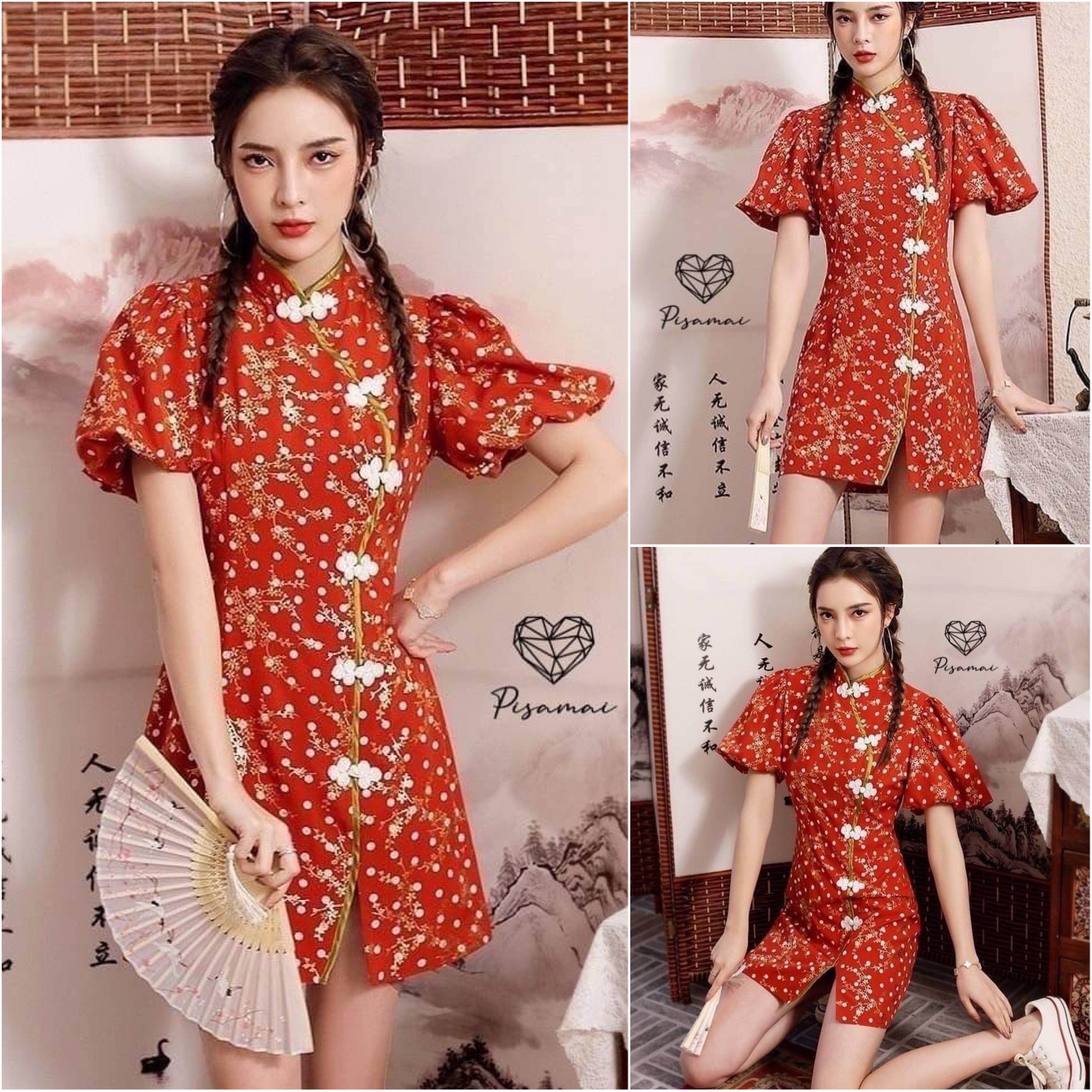 เดรสตัวสั้นแขนตุ๊กตาคอจีนสีแดงแต่งกุ๊นคอสีขาว น่ารักๆ ใส่รับอั่งเป่ากันสวยๆเลยค่า ใส่สบาย : สินค้าคุณภาพ (พร้อมส่ง)