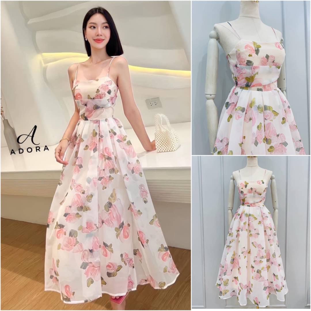 เดรส สายเดี่ยวลายกุหลาบ ผ้าเย็นสบาย มีฟองน้ำในตัว ซิปหลัง มีซับในสามชั้น ใส่สบาย : สินค้าคุณภาพ (พร้อมส่ง)