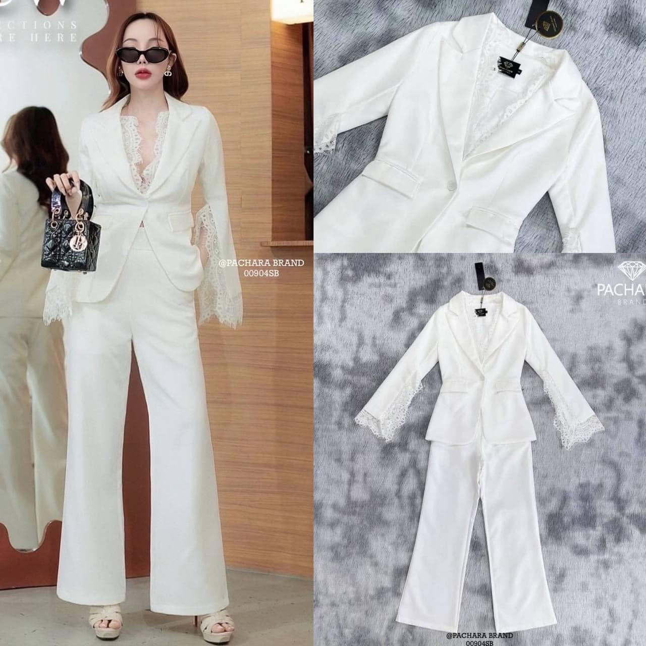 เซ็ต 2 ชิ้น เสื้อสูทคอปกแขนยาวสีขาว ช่วงคอแต่งลูกไม้สวยมาก ปลายแขนผ่าแต่งลูกไม้สองข้าง แมทช์คู่กับกางเกงขายาวเอวสูง สินค้าคุณภาพ (พร้อมส่ง)