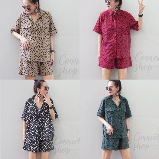 ชุดเซต 2 ชิ้น เสื้อเชิ้ตแขนสั้น แต่งกระเป๋าหน้า ผ้าไหมอิตาลี่ เนื้อนิ่ม พิมลาย มาคู่กับ กางขาสั้น เอวยางยืด งานเจาะกระเป๋า ข้าง ใส่สบาย : สินค้าคุณภาพ (พร้อมส่ง)