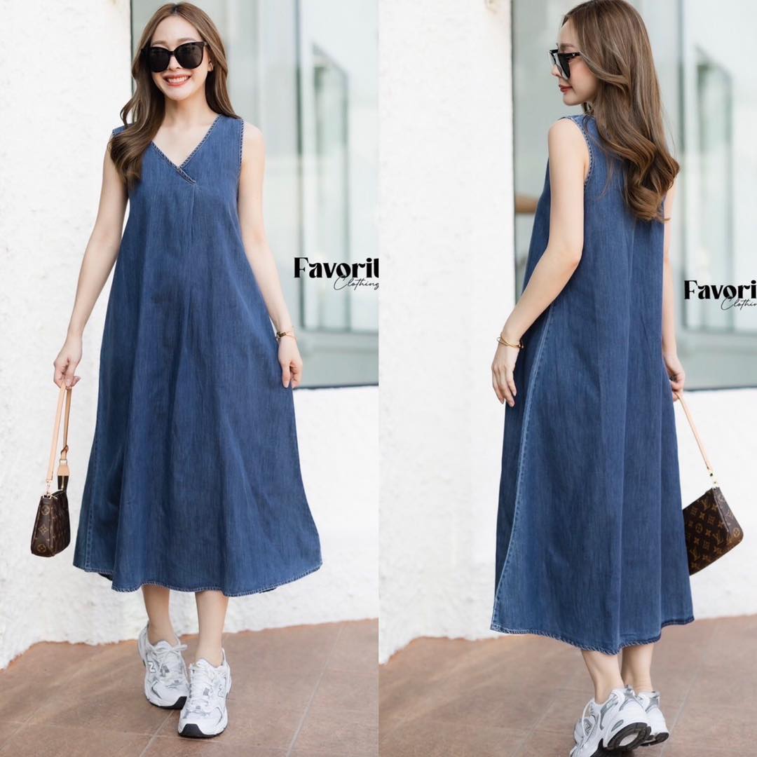 เดรสยีนส์แขนกุดผ้ายีนส์ฟอกนุ่มใส่สบาย สินค้าคุณภาพ (พร้อมส่ง)