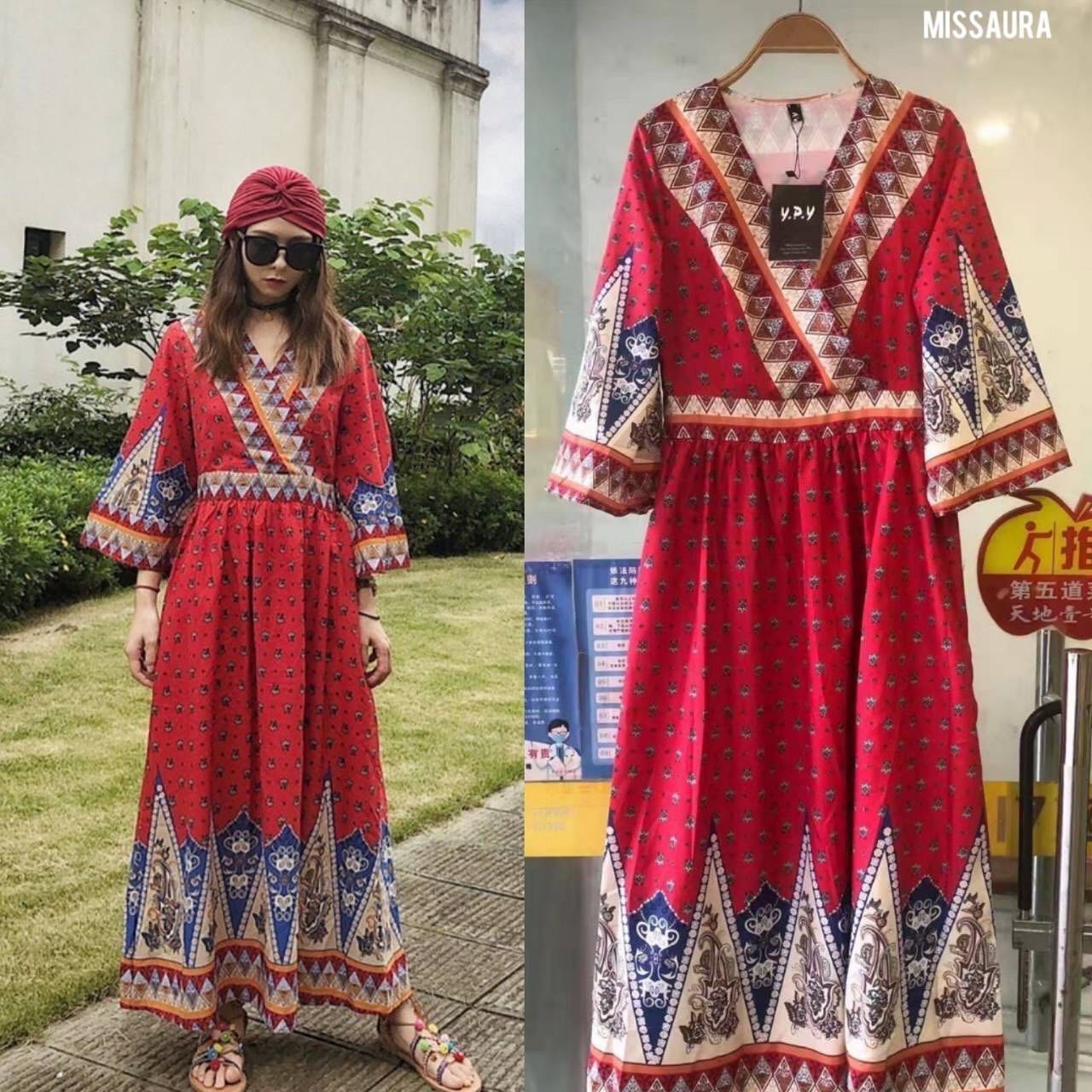 เดรสโบฮีเมียนสีแดง รับตรุษจีน กันคร่า ดีเทลคอวีไขว้ แขนกระดิ่ง ฟรุ้งฟริ้ง น่ารัก ทรงต่อเอว แต่งลายเชิงทั้งชุด สินค้าคุณภาพ (พร้อมส่ง)