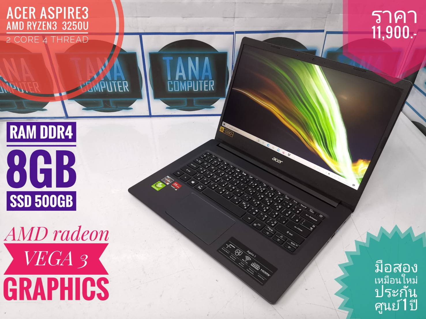 (11,900)Notebook ACER Ryzen3 3250U Ram8GB SSD500GB ประกันศูนย์ ACER 1 ปี
