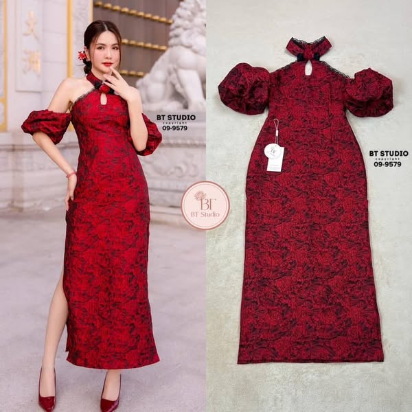 เดรสยาวคอจีนแต่งแขนพอง ๆ ทั้งสองข้าง แต่งกระดุมเรียงกันช่วงอก ปักลายดอกไม้แต่งใบไม้ ใส่สบาย : สินค้าคุณภาพ (พร้อมส่ง)
