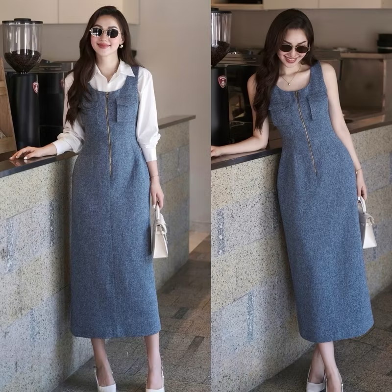 Set 2 ชิ้น เสื้อเชิ๊ตสีขาวทรงOversize มีกระดุมหน้า ผ้าพริ้ว มาคู่กับเดรสฟ้าครามแขนกุดคอลึกใส่ทับด้านนอก ตัวเดรสแต่งซิปรูดช่วงอกและกระเป๋าทั้งสองข้าง ใส่สบาย : สินค้าคุณภาพ (พร้อมส่ง)