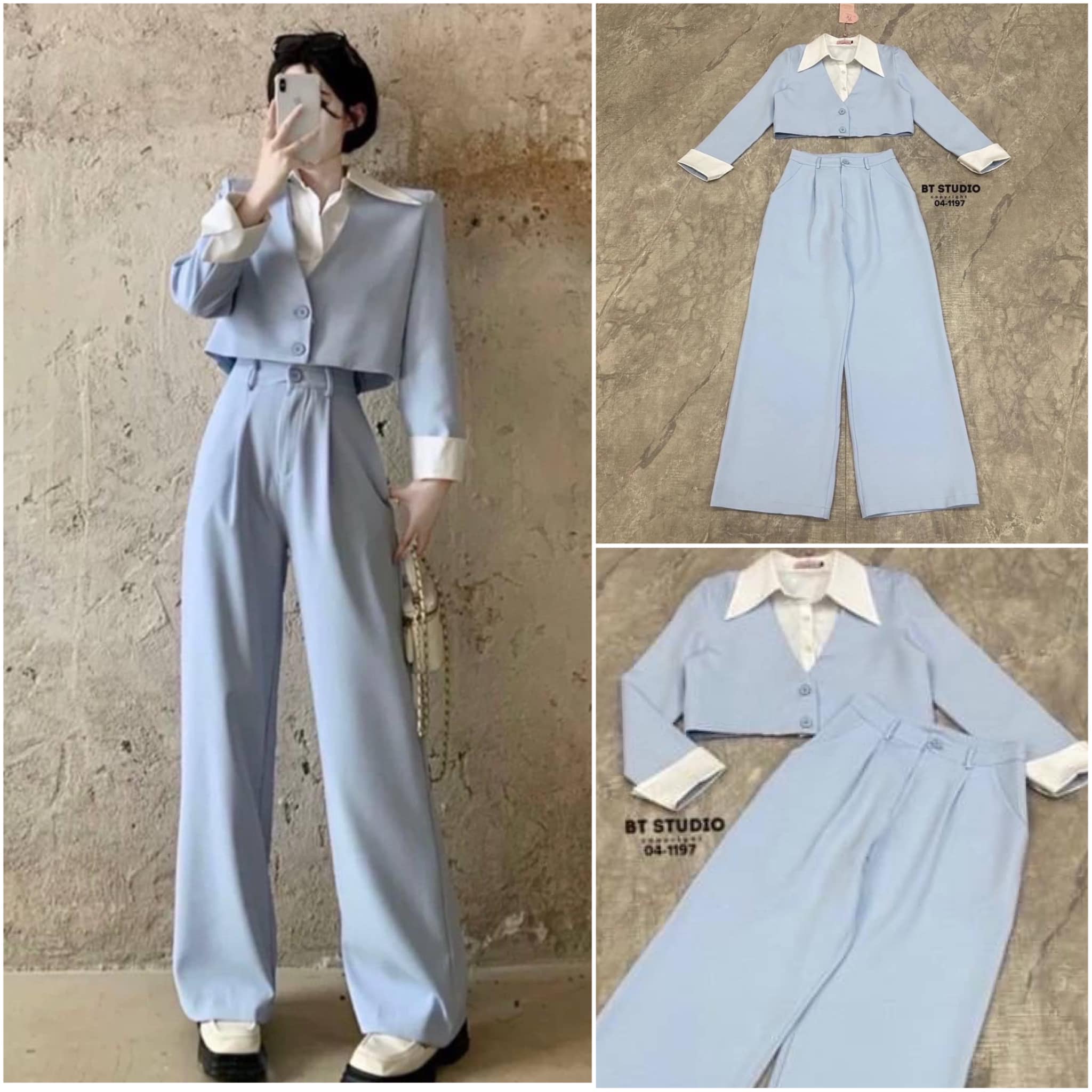 เซท 2 ชิ้น เสื้อเบเซอร์แขนยาวทูโทน กระดุมหน้า ดีไซน์แต่งเสื้อเชิ้ตคอปกด้านในหนึ่งชั้น คอปกและปลายแขนเสื้อตัดสีขาวแมทซ์กับกางเกงขายาว ใส่สบาย สินค้าคุณภาพ (พร้อมส่ง)