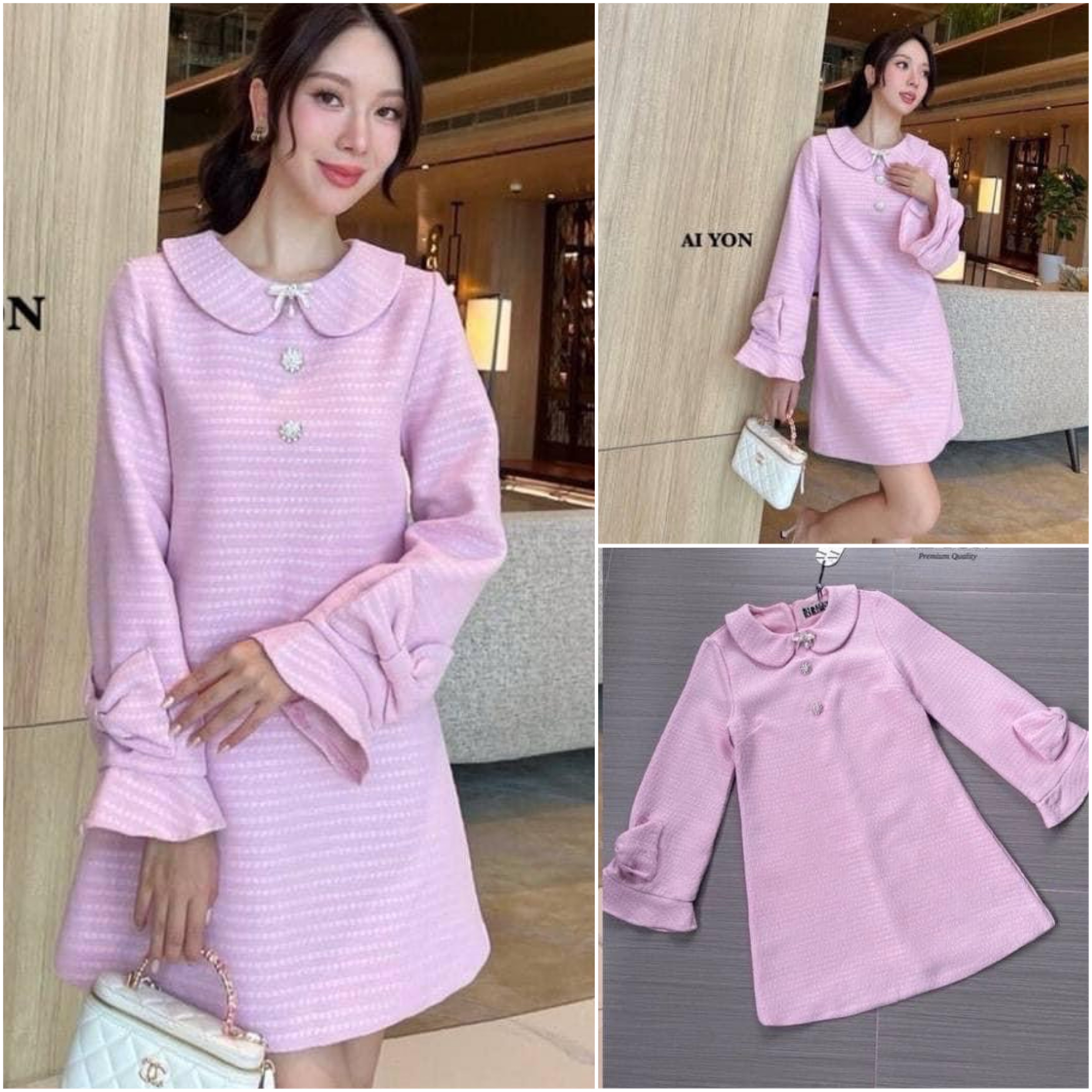 เดรสกระโปรงสั้น แขนยาว คอปกทรงบัว ทรงปล่อยใส่กำลังสวยเนื้อผ้ามีเทกเจอร์หรูหราสีสวยขับผิว ปลายแขนเสื้อแต่งผ้าเป็นรูปโบว์ชายแขนระบายทรงกระดิ่งใส่สบาย : สินค้าคุณภาพ (พร้อมส่ง)