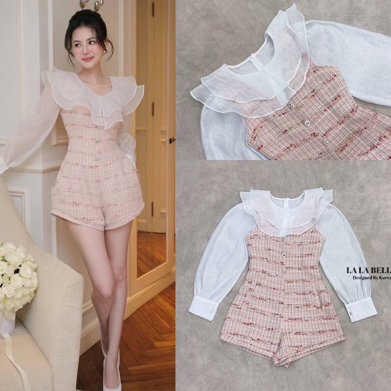 เซต2ชิ้นรุ่นนี้น่ารักกกมากจั้มสูทผ้าทวิตสีละมุมคอสีแขนกุดปลายขาเย็บเบิ้ลทรงกางเกงบาบี้มีซับในอัดกาวอย่างดีน่ารักใส่คู่เสื้อซีทูคอระบาย2ชั้นแขนยาวปลายแขนติดกระดุมซิปหลังอย่างดี ใส่สบาย : สินค้าคุณภาพ (พร้อมส่ง)