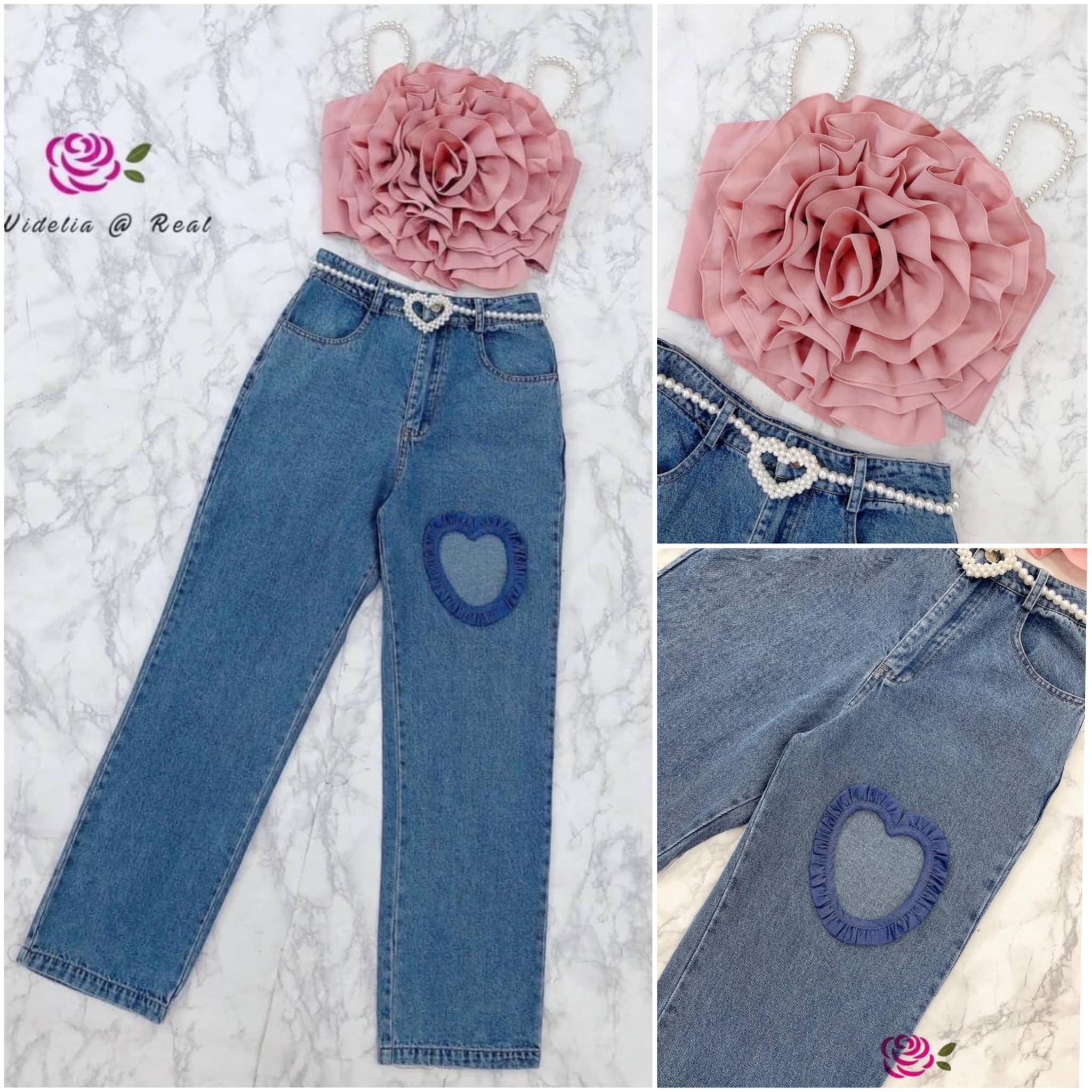Set เซ็ท 3 ชิ้น มีเสื้อดอกไม้+ กางเกงยีนส์+เข็มขัดไข่มุก กรี๊ดมากแม่ สำหรับเซ็ตนี้ สินค้าคุณภาพ (พร้อมส่ง)
