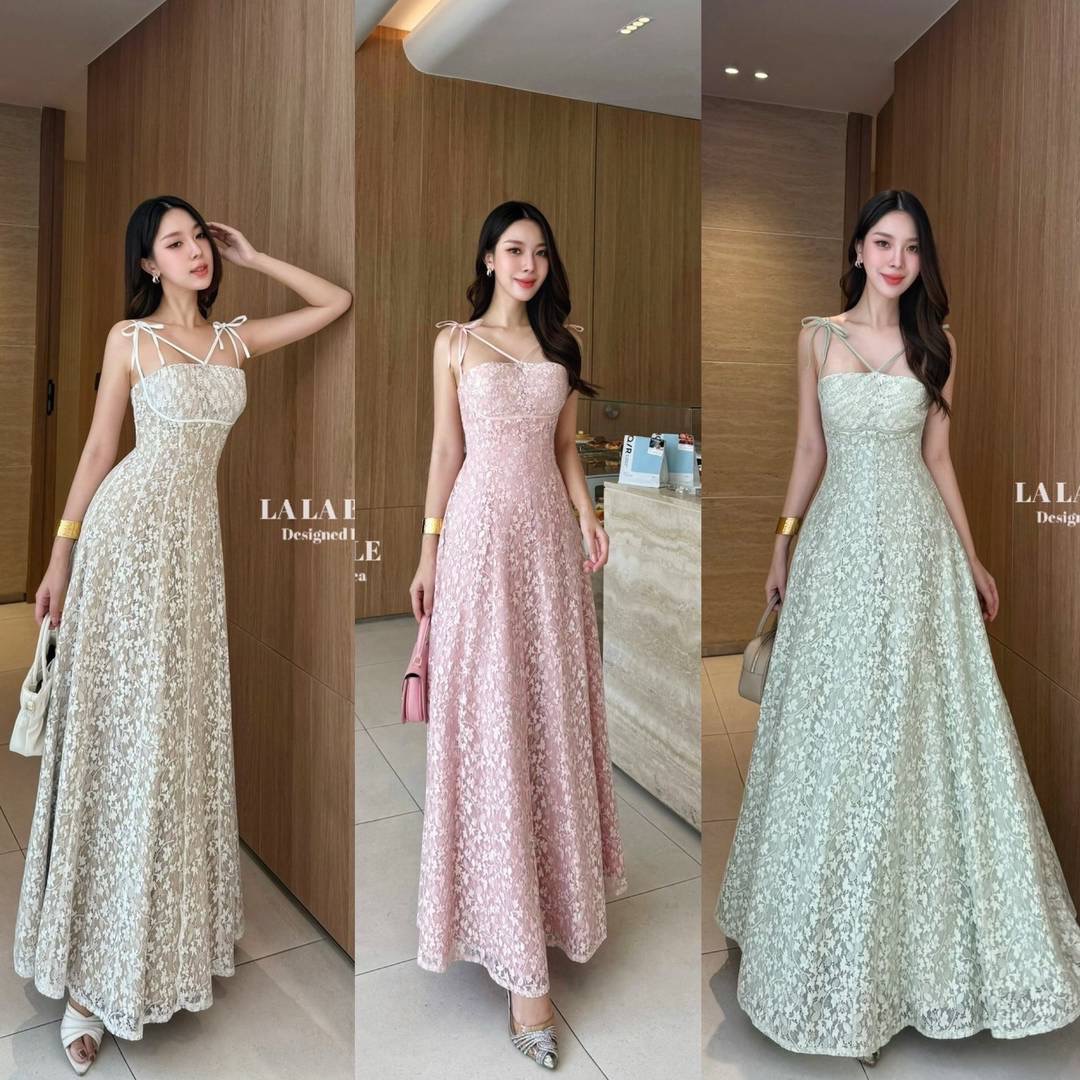 แม็กซี่เดรสลูกไม้ลายดอกไม้เล็กๆทั้งชุดทรงสายเดี่ยวปรับสายได้ช่วงด้านหน้ามีสายไขว้ผูกโบว์2ข้างช่วงก่อนถึงไหล่เอวเข้ารูปเข้าทรงเย็บเก็บทรงให้ซิปหลังกระโปรงใช้ผ้าเยอะ ใส่สบาย : สินค้าคุณภาพ (พร้อมส่ง)