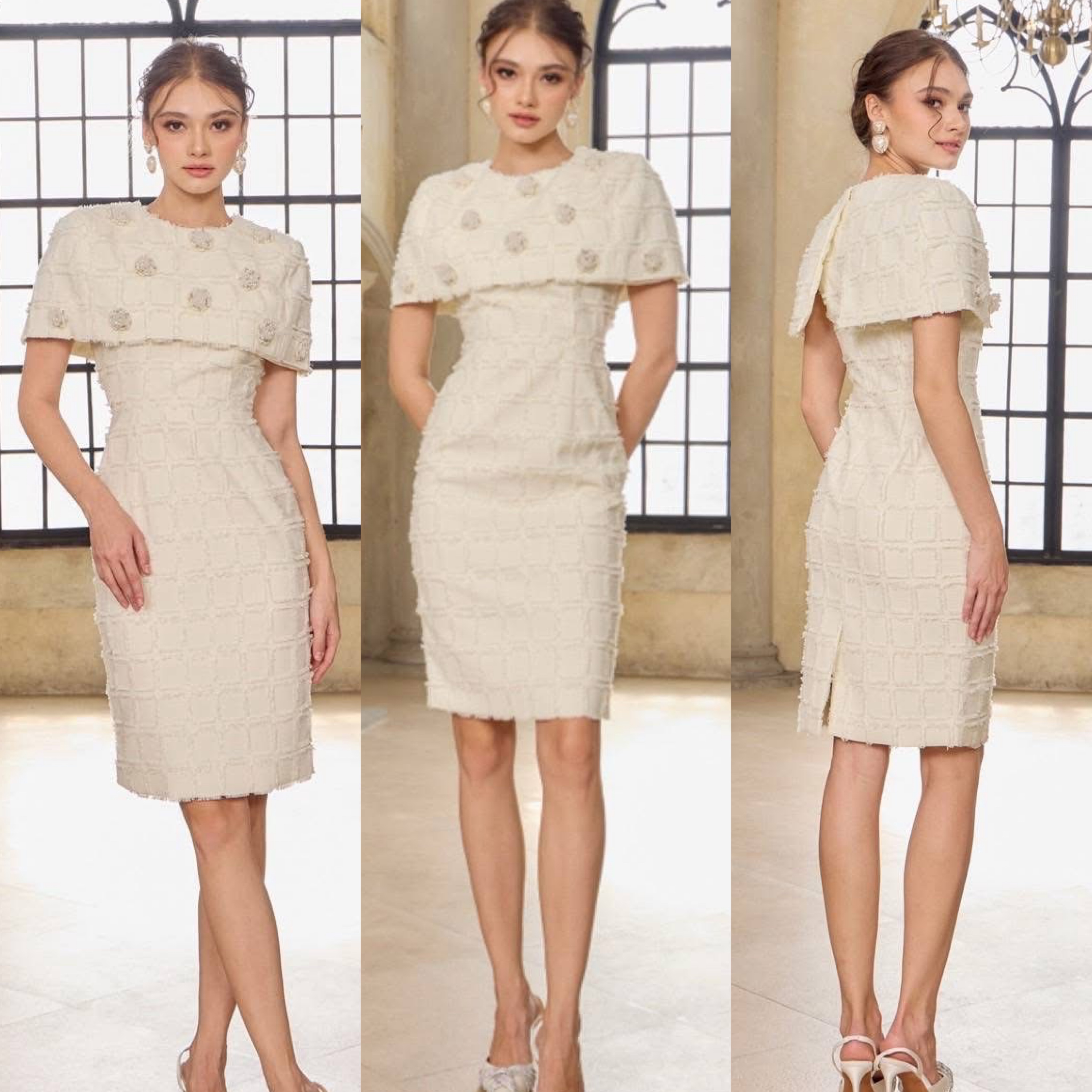 เดรสผ้าทอคลุมไหล่แต่ดอกไม้ เนื้อผ้าทอลายตารางเกรดเอ เนื้อนุ่มใส่สบาย ตัวชุดเป็นทรงเข้ารูป ใส่สบาย : สินค้าคุณภาพ (พร้อมส่ง)