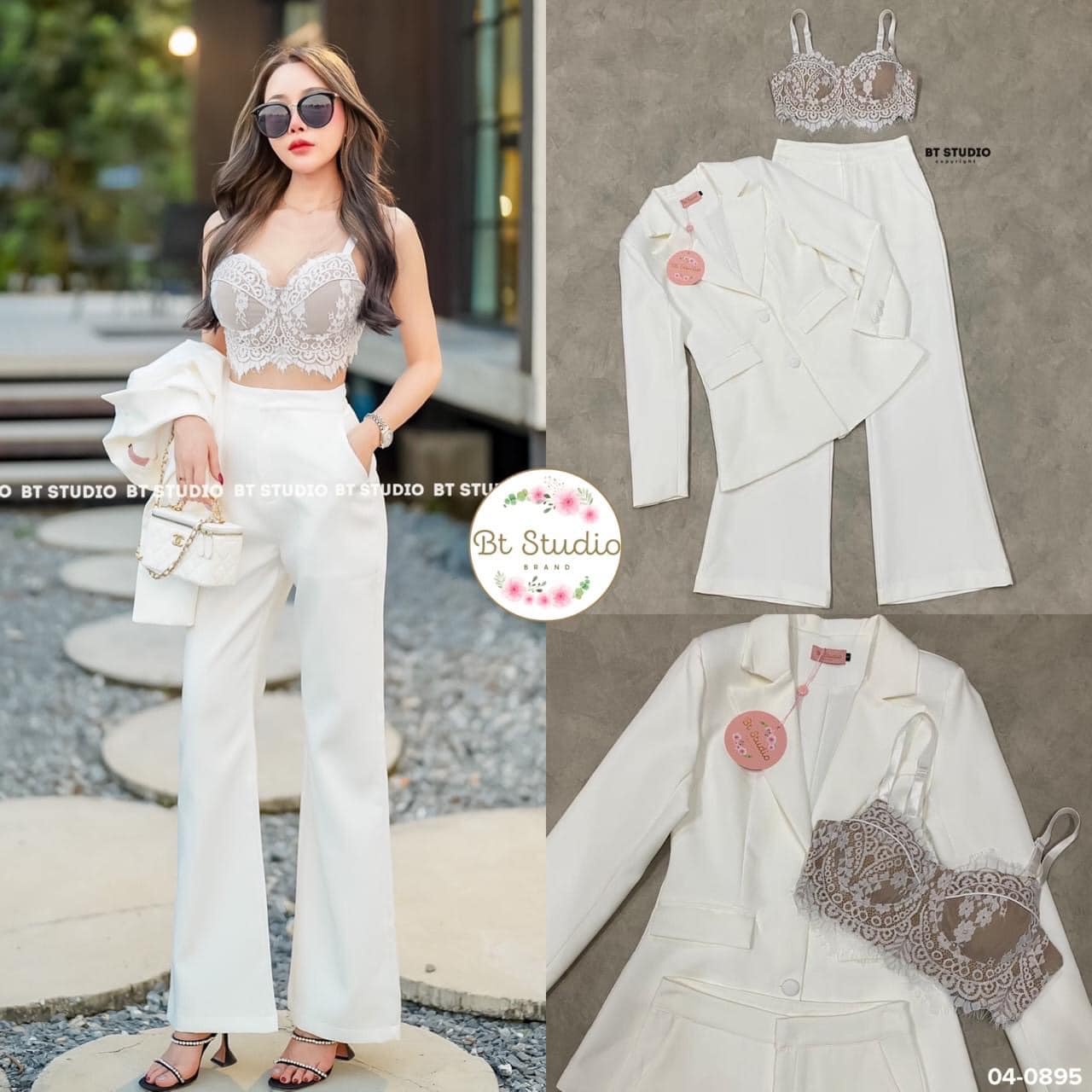 เซท 3 ชิ้น เสื้อเบเซอร์แขนยาวคอปก ปลายแขนแต่งกระดุมทั้งสองข้าง แมทซ์กับเสื้อ บราสั้นซิปหลัง ช่วงอกเสริมฟองน้ำ สายปรับได้ แมทซ์กับกางเกงขายาวเอวสูง : สินค้าคุณภาพ (พร้อมส่ง)