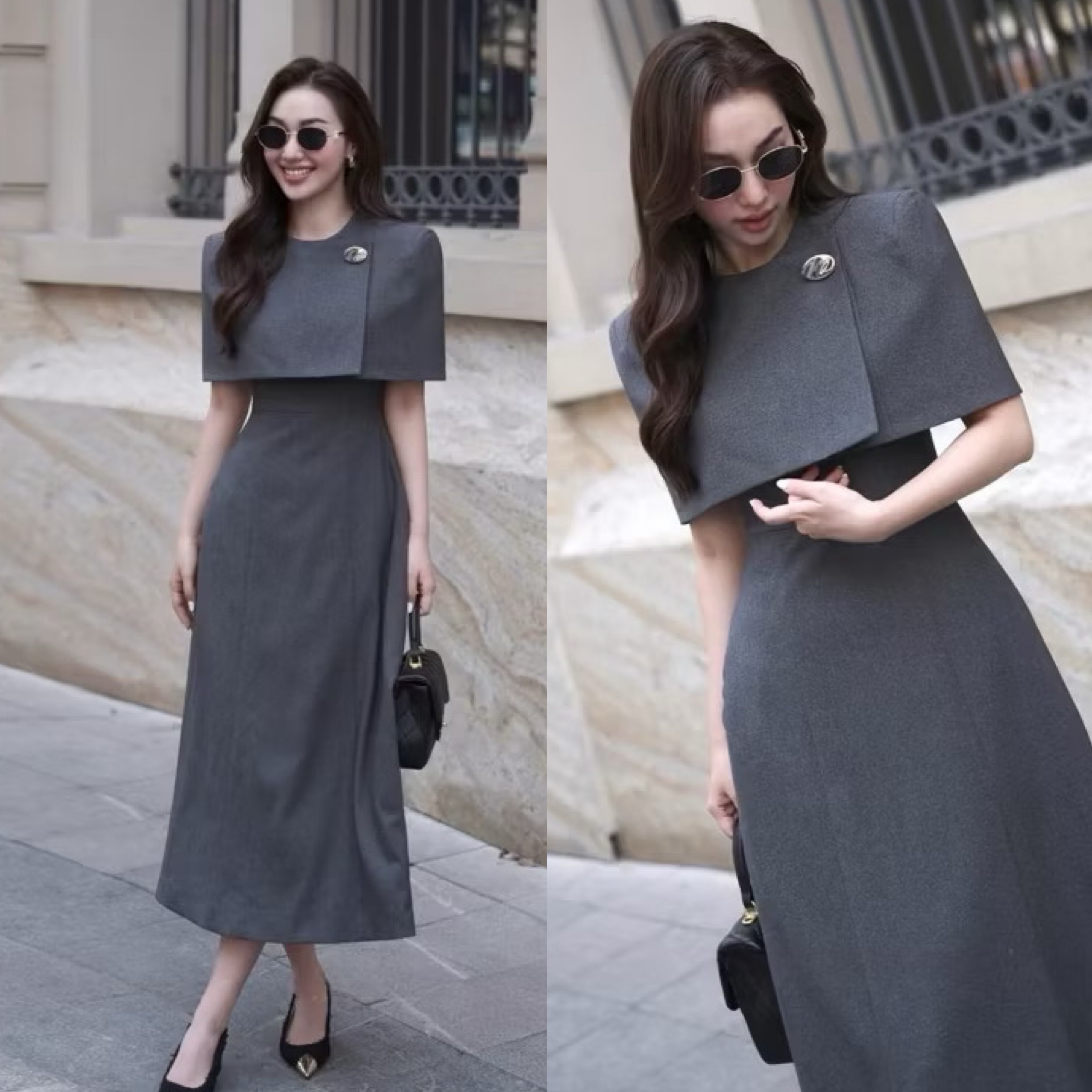 เซต2ชิ้น สีเทา เดรสยาวแขนกุด อกเย็บเสริมฟองน้ำให้ทรงสวย และดีไซน์ (งานซิปหลัง) มาพร้อมเสื้อคลุมไหล่ดีไซน์สวยอกเย็บติดอะไหล่เงิน สวยหรู (มีซิปหลัง)เย็บซับในอย่างดี ใส่สบาย : สินค้าคุณภาพ (พร้อมส่ง)