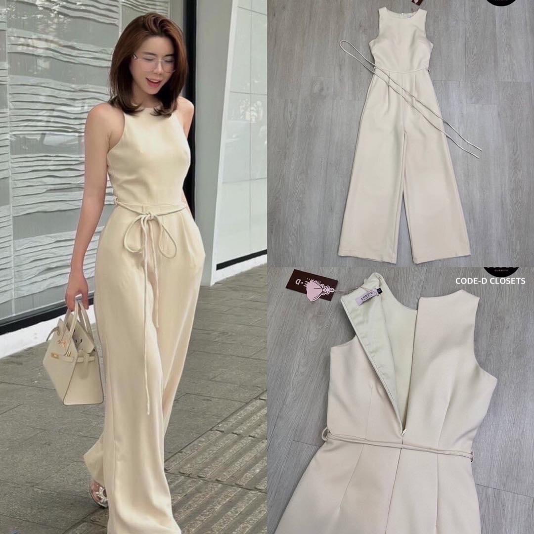 จั้มสูทสีครีมแขนกุดขายาวทรงกระบอก อกเย็บเสริมฟองน้ำ มีซิปหลังมีกระเป๋า2ข้าง มาพร้อมเชือกผูกเอวเก๋ไก๋ ใส่สบาย สินค้าคุณภาพ (พร้อมส่ง)