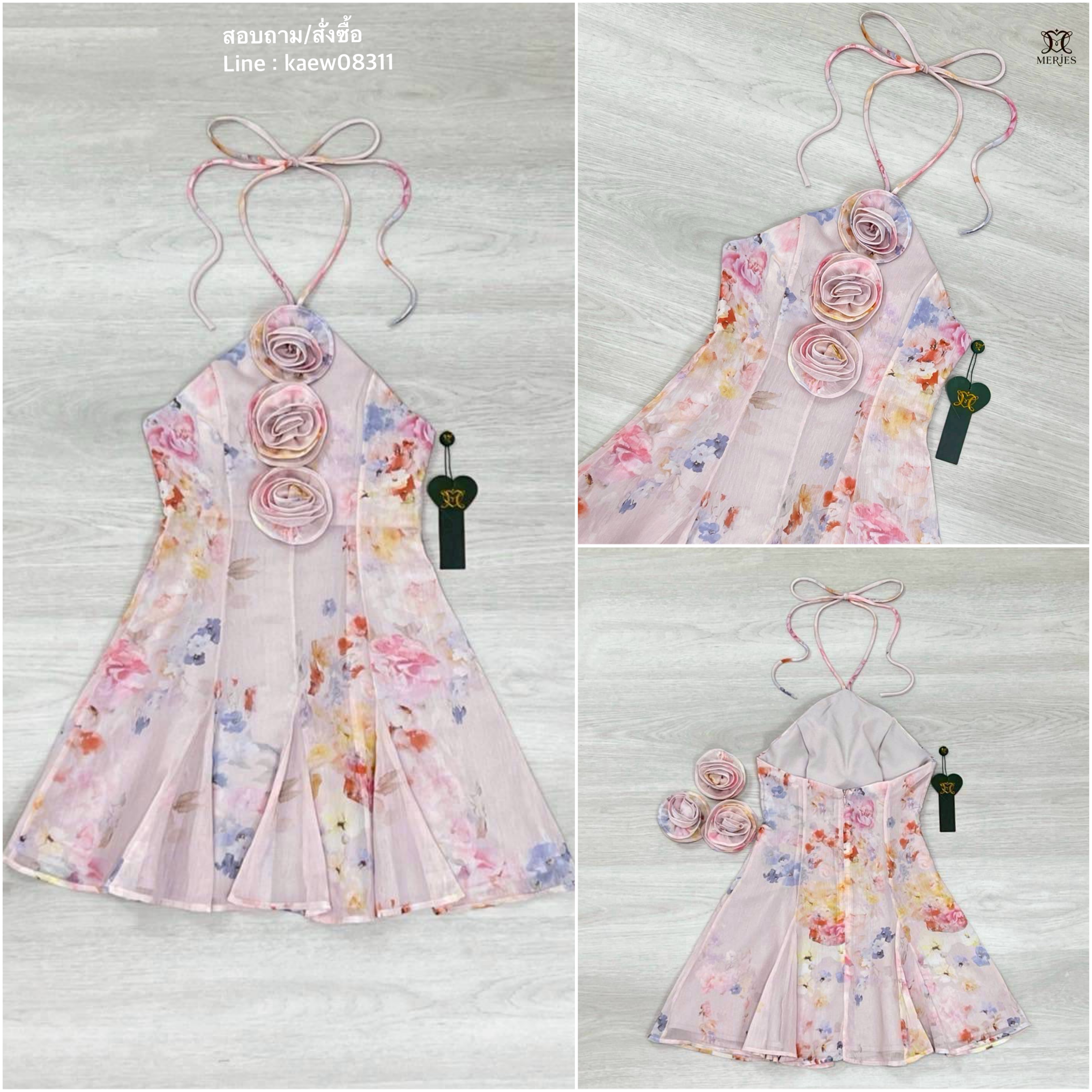 มินิเดรสลายดอกสีชมพูอ่อนงานพิมพ์ลายดีเทลคล้องคอมีสายผูกน่ารักช่วงตัวเข้ารูปอกมีฟองน้ำเสริมช่วงกระโปรงทรงบานพริ้วๆน่ารักเก๋ๆ ใส่สบาย : สินค้าคุณภาพ (พร้อมส่ง)