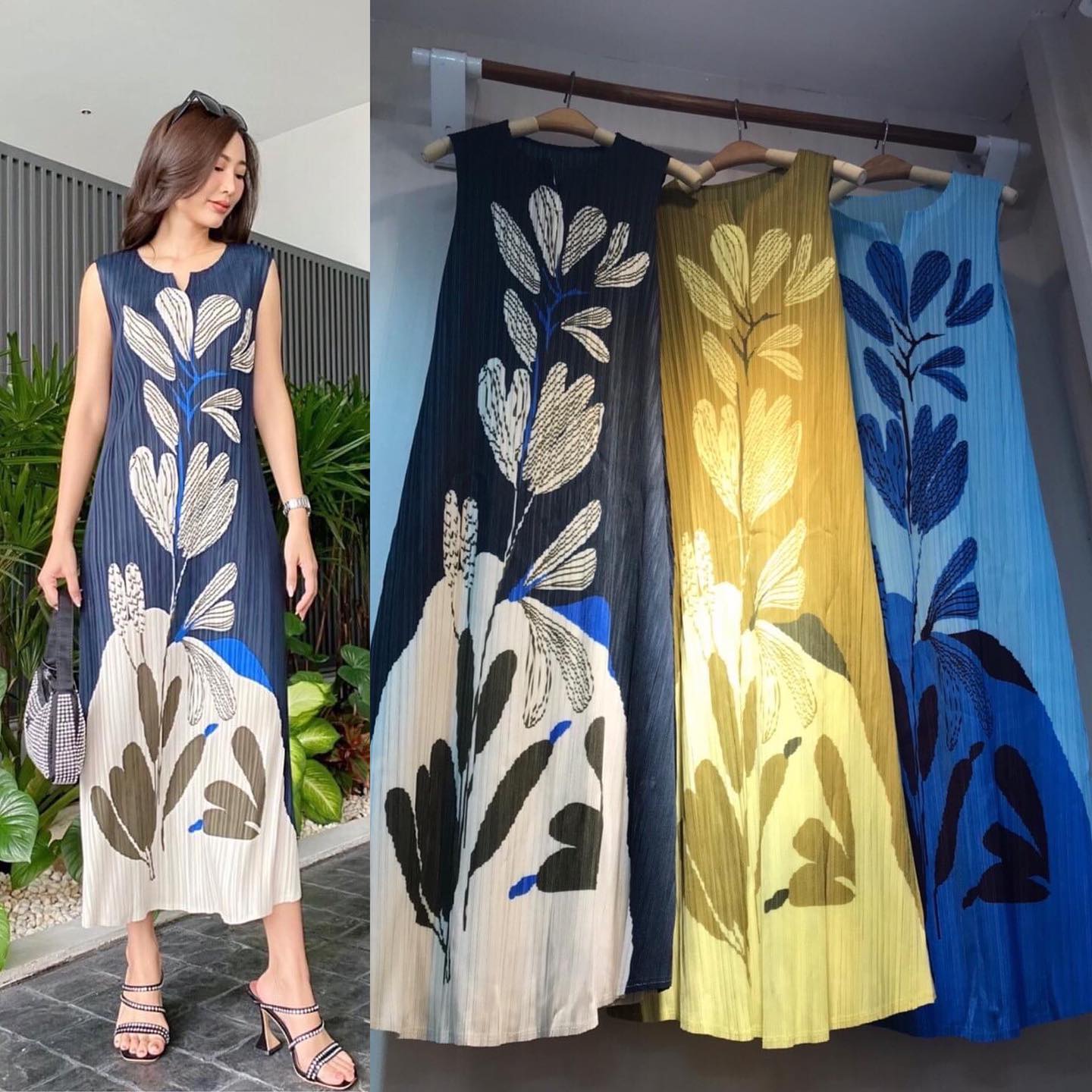 แม็กซี่เดรสตัวยาว แพทเทิร์นอัดพลีท เข้าเคิร์ฟ ทรงคอกลม แขนกุด สวย Premium 👍🏻 ดีไซด์ เพ้นท์ลายดอกไม้ สินค้าคุณภาพ (พร้อมส่ง)