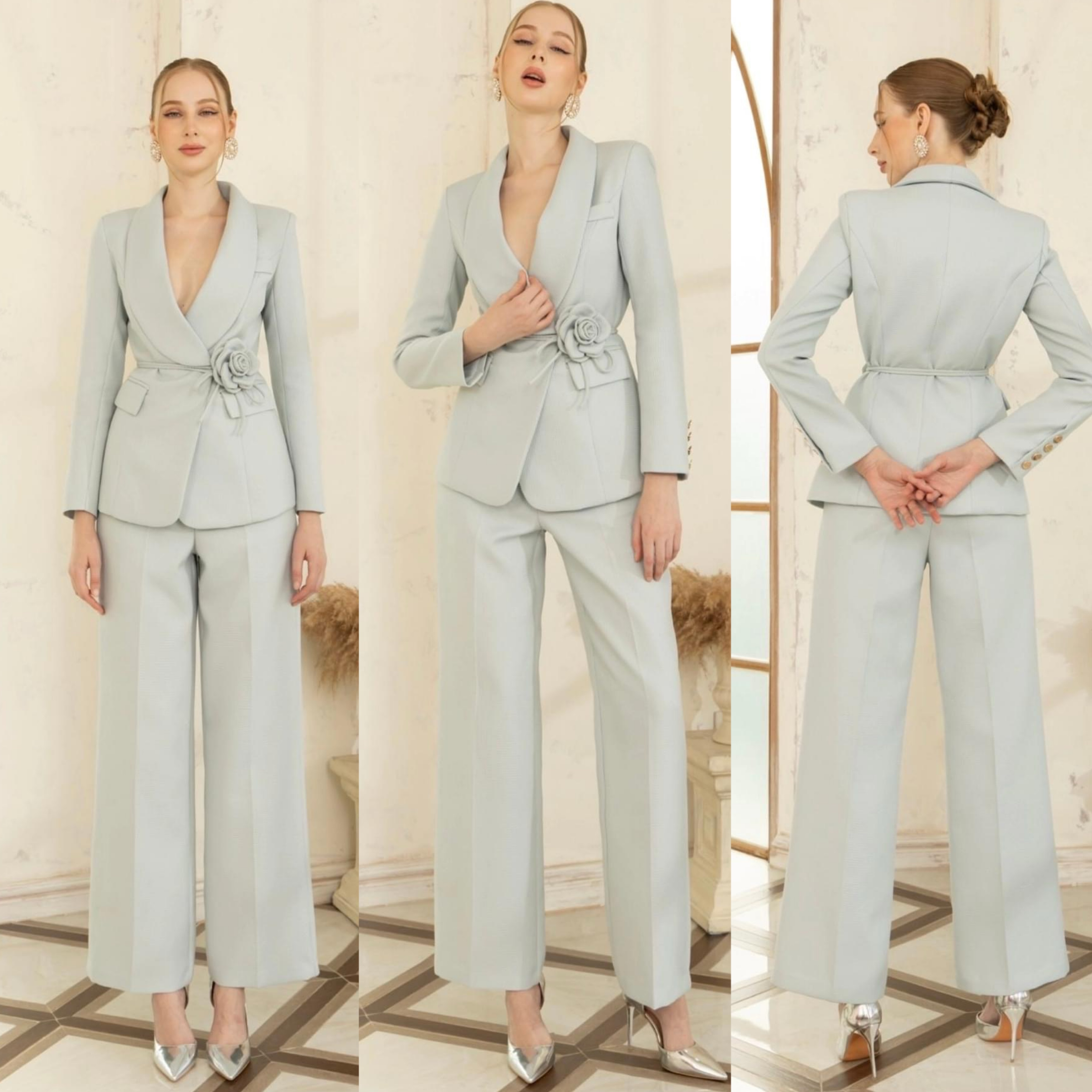 เซตBLAZERปกกล้วย+กางเกงขายาว+เข็มกลัดดอกไม้ เนื้อผ้าเกรดเอ เป็นผ้าทอมีลายในตัว ใส่สบาย : สินค้าคุณภาพ (พร้อมส่ง)