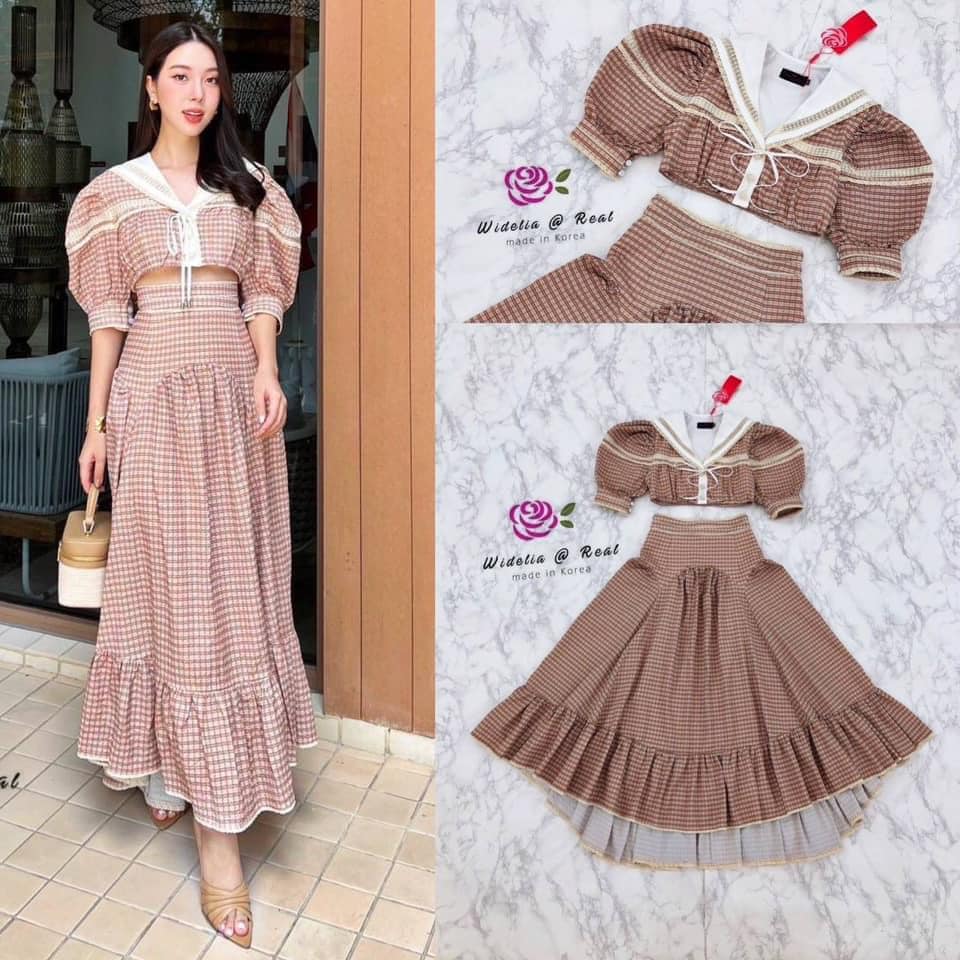 เซตเสื้อแขนพองตัวสั้นสวยทรงดี ด้านหน้าแต่งกระดุมผูกโบเก๋ ทอนแขนพองเป็นทรงสวย +กระโปรงทรงเอบาน ต่อชิ้นผ้าจับจีบอ่อนๆ : สินค้าคุณภาพ (พร้อมส่ง).