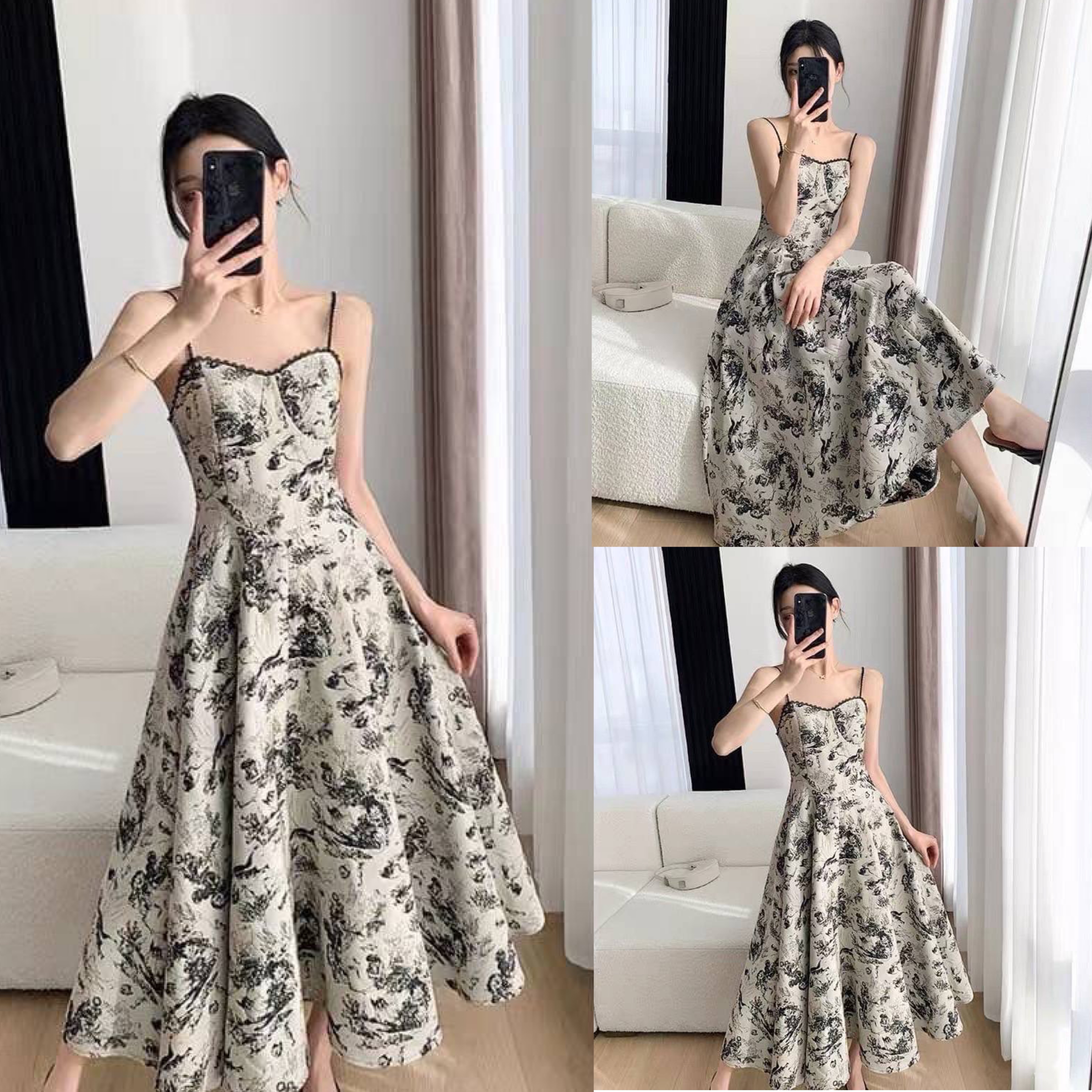 ชุดเดรสยาว งานผ้าทอลายสีดำอย่างดี สายสามารถปรับความยาวได้ เสริมฟองน้ำเพิ่มความเป็นทรงสวย ใส่สบาย สินค้าคุณภาพ (พร้อมส่ง)