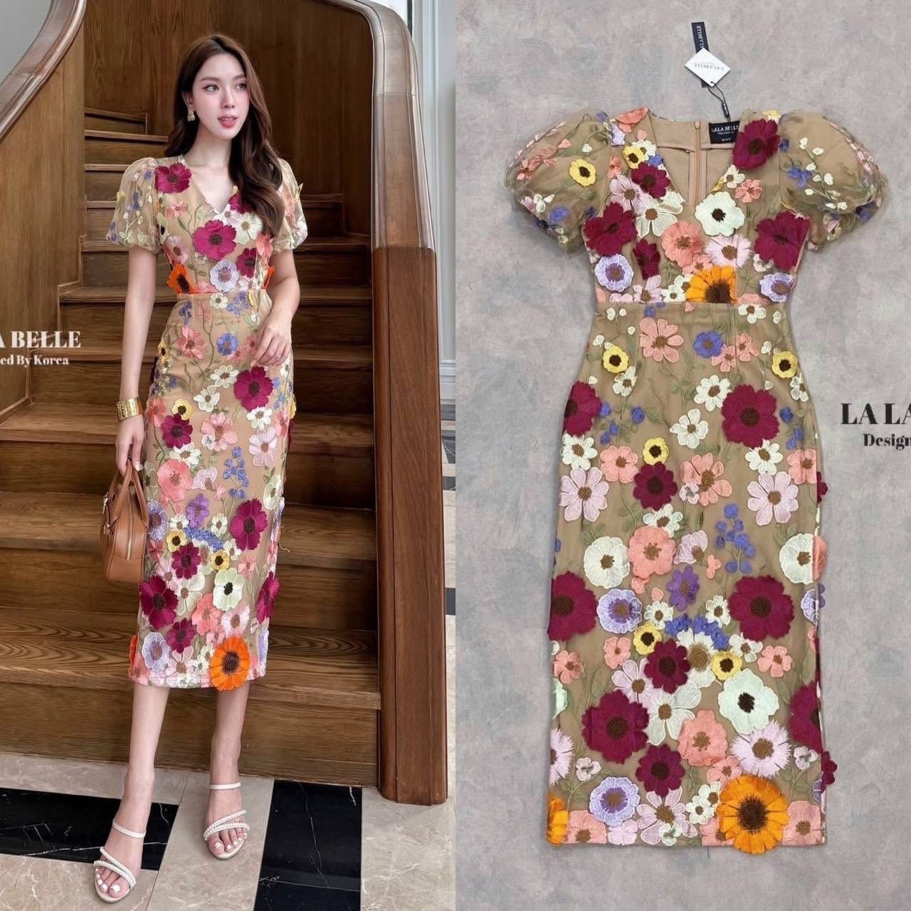 เดรสคอวีแขนตุ๊กตาเอวเข้ารูปกระโปรงยาวทรงสอบมีซับใน ใส่สบาย : สินค้าคุณภาพ (พร้อมส่ง)